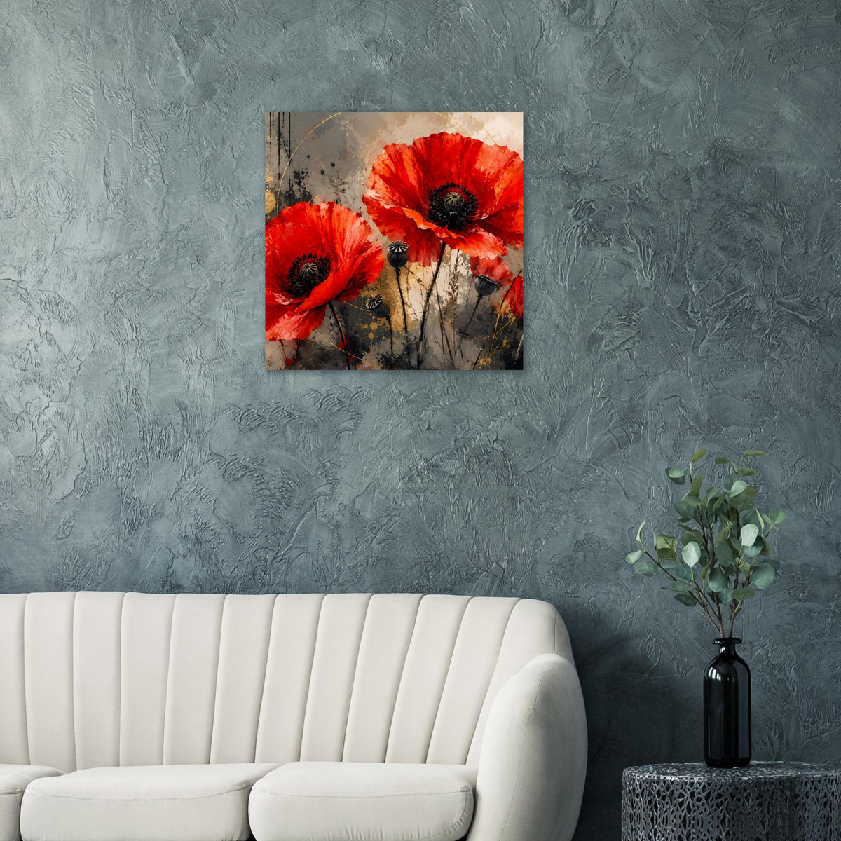 Quadratisches Wandposter mit roten Mohnblumen und graubrauner Farbstruktur.