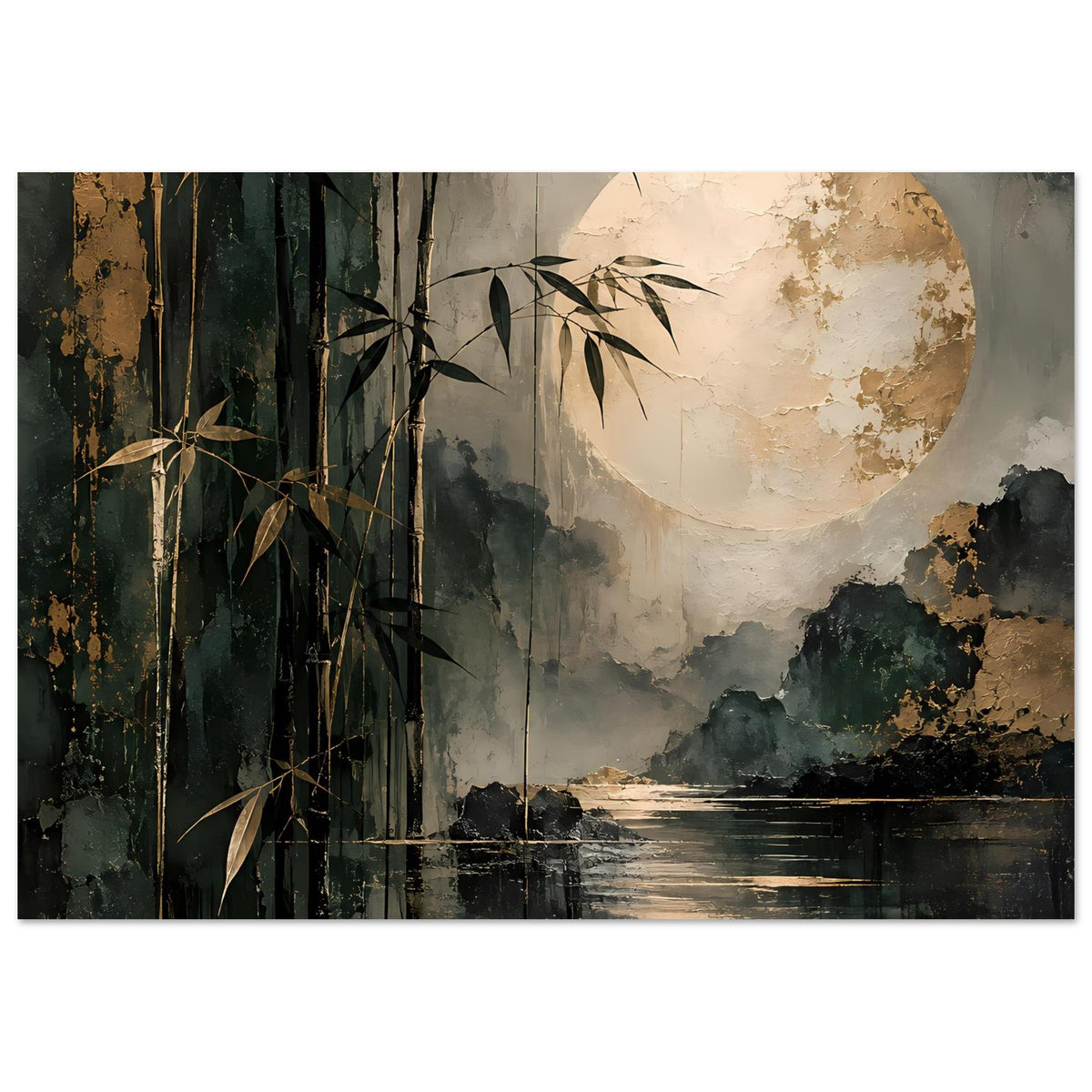 Naturposter mit Bambuswald, großem Mond und spiegelndem See in Dunkelgrün und Goldtönen