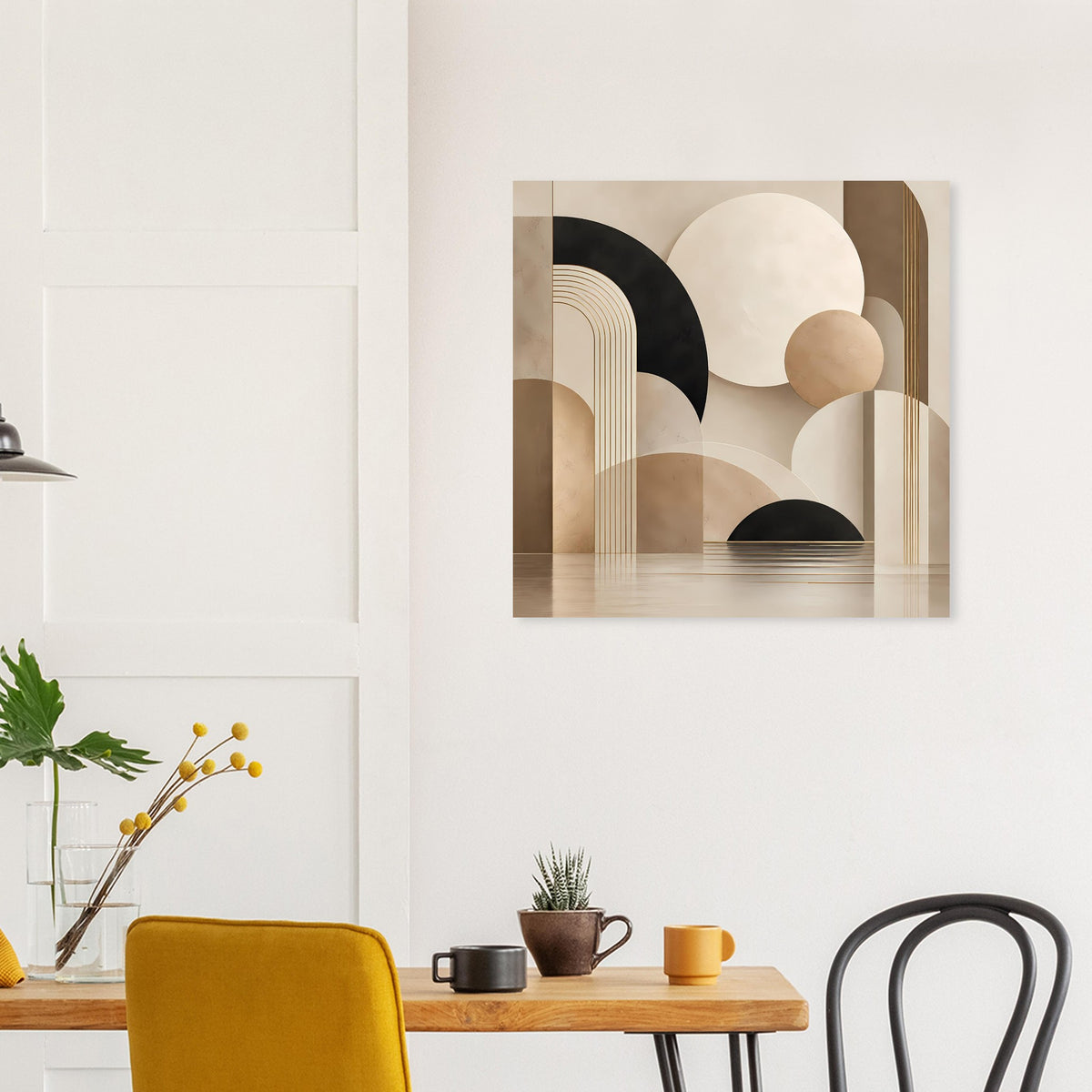 Abstraktes Kunstposter im Rahmen mit Kreisen, Bögen und goldbraunen Segmenten.