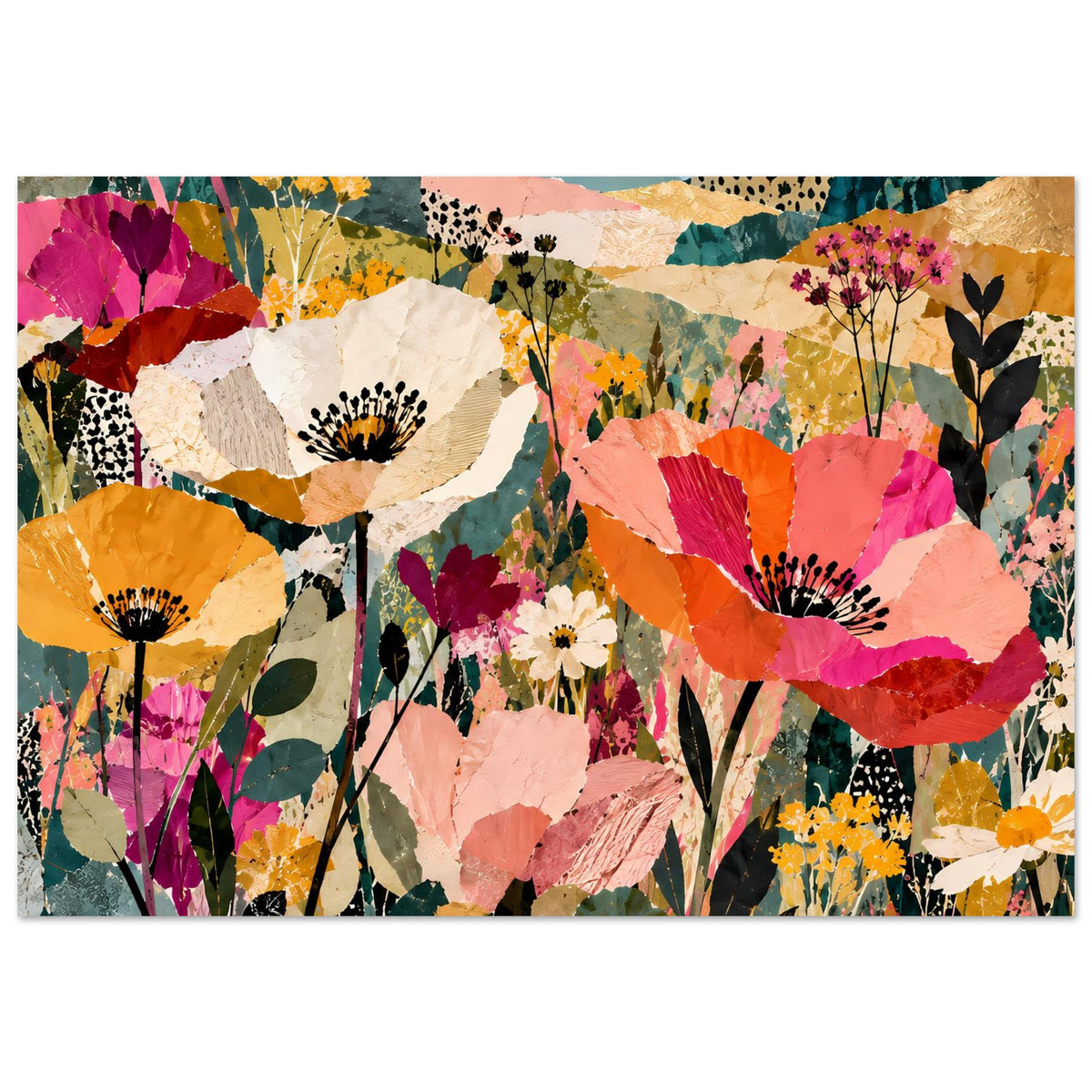 Buntes Blumen-Kollageposter, horizontale Ausrichtung mit mehrfarbigen Blüten und Zweigen