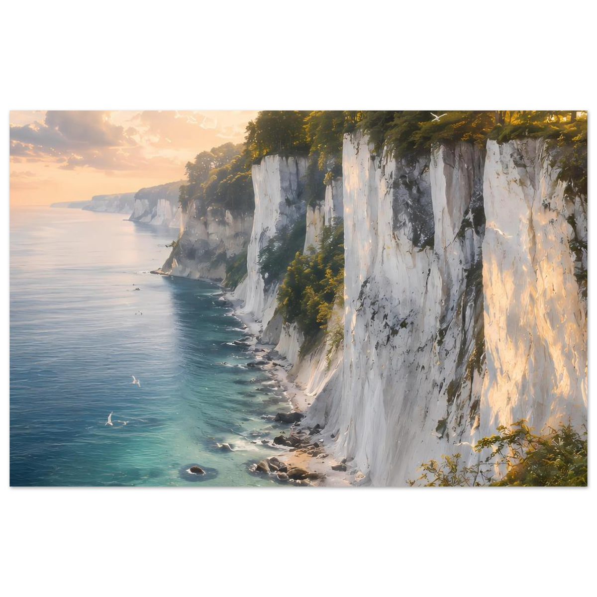 Horizontales Poster mit Küstenlinie, türkisfarbenem Wasser, weißen Klippen und grünen Sträuchern.
