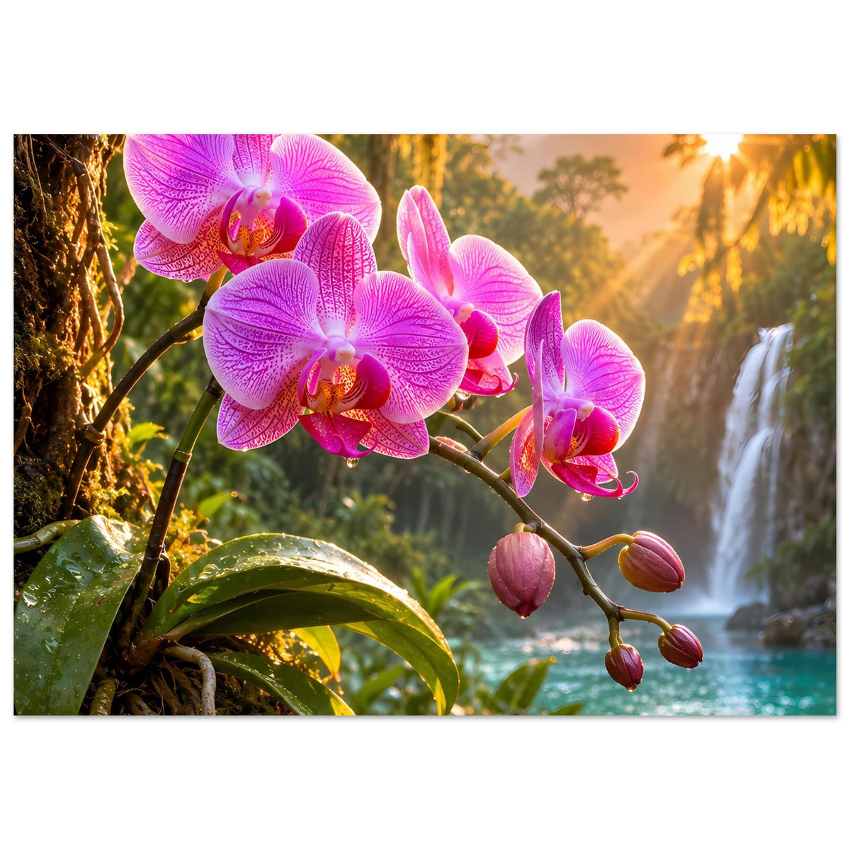 Poster im Querformat mit pinken Orchideenblüten und Knospen, Wasserfall im Hintergrund