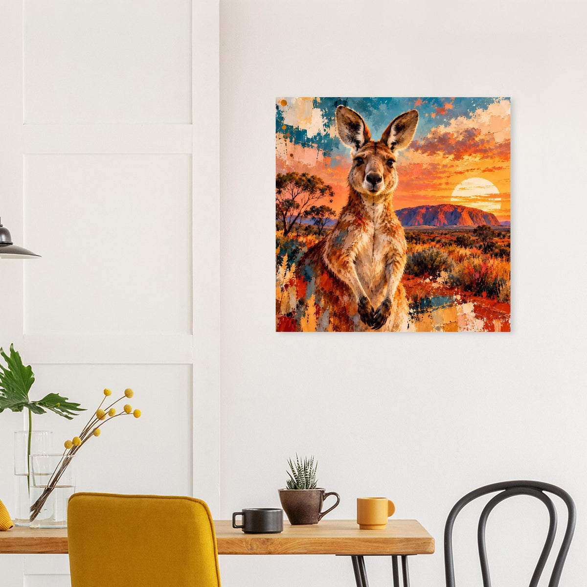 Quadratisches Poster: Känguru vor Sonnenuntergang, farbige Sprenkel-Optik