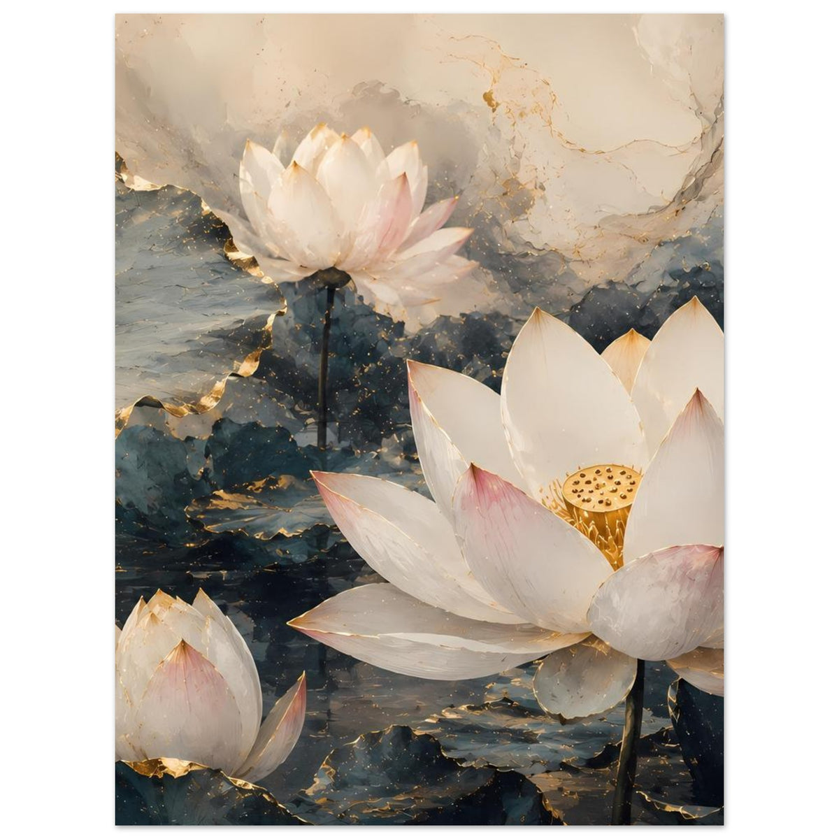 Lotusblumen-Poster mit Seerosenblüten, goldener Mitte, weißen Blättern und rosa Akzenten