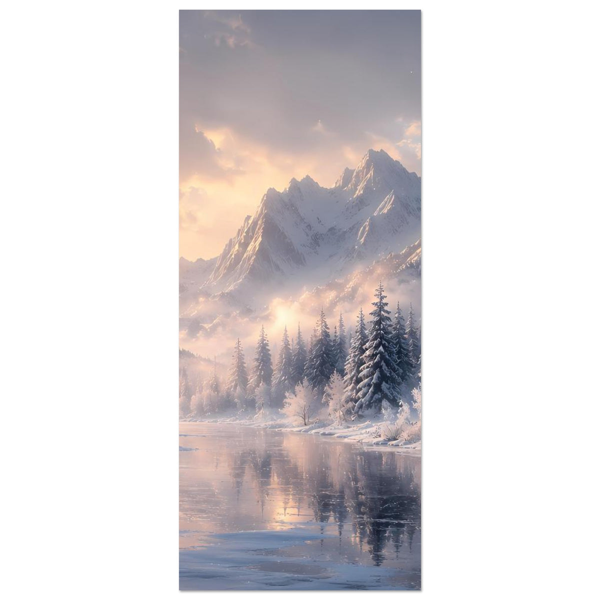 Hochformat-Winterlandschafts-Poster mit verschneiten Bergen, Tannen und spiegelndem Fluss