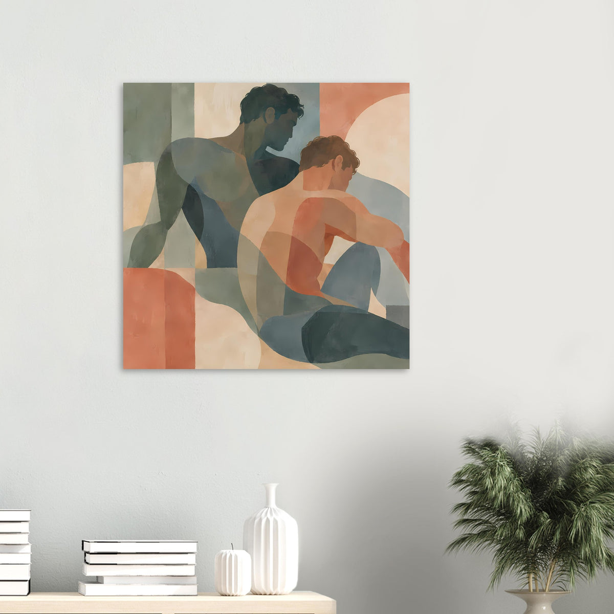 Kleiner Kunstdruck: zwei abstrakte Figuren in warmen Erdtönen, horizontal, an der Wand