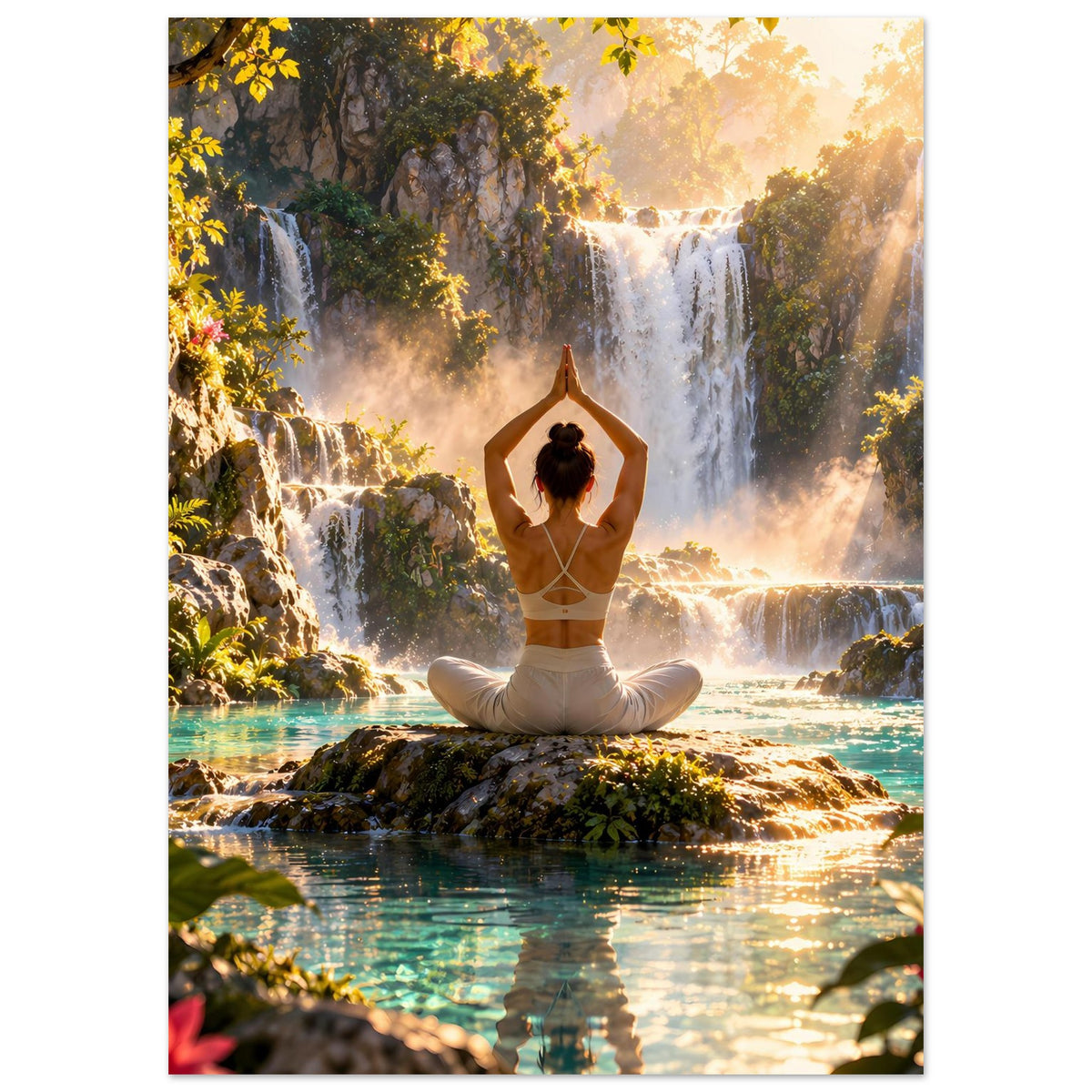 Yoga-Meditationsposter: Frau im Lotussitz, Hände hoch, vor Wasserfall und tropischer Vegetation