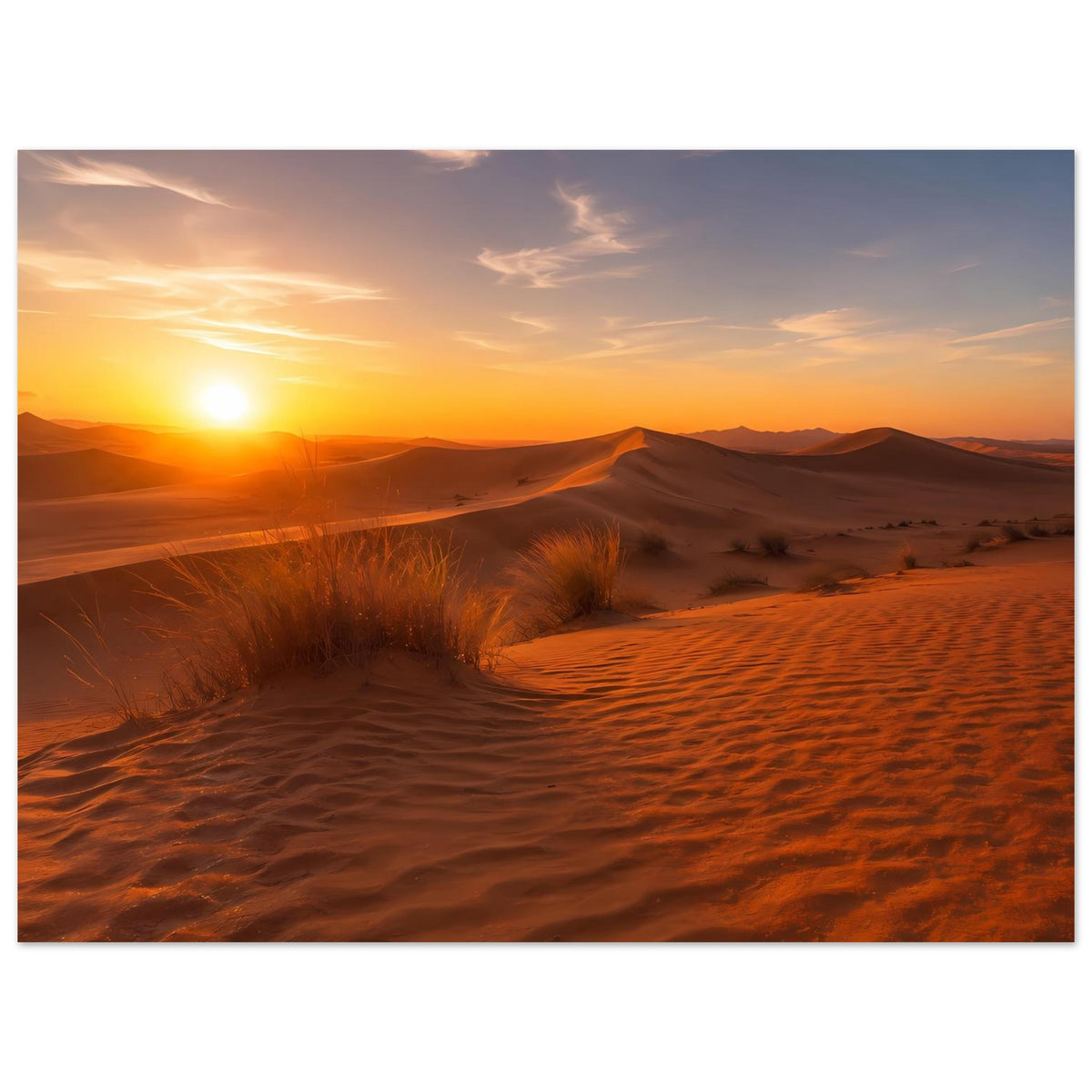 Horizontales Wüstenlandschaftsposter mit Sonnenaufgang, Sanddünen und sanften Wolken