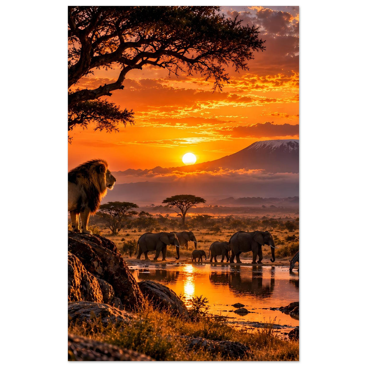 Afrika-Safari-Sonnenuntergangs-Poster, Hochformat: Löwe links, Elefanten am Wasser, Akazienkrone