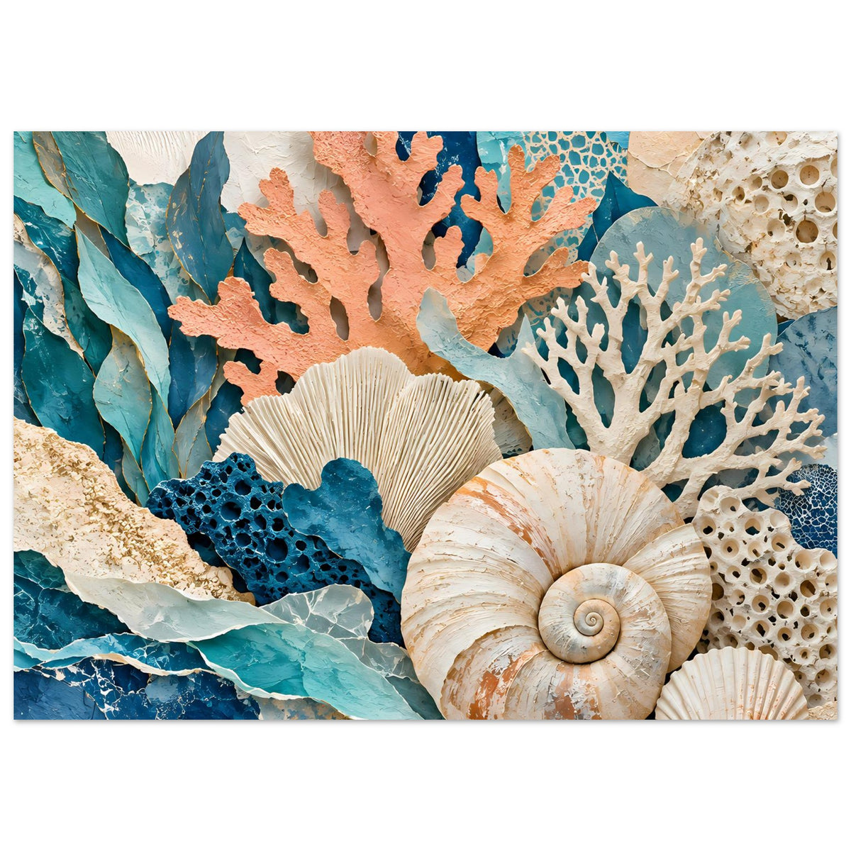 Poster mit Korallen- und Muschelmotiv in Blau- und Beigetönen, leicht naher Ausschnitt