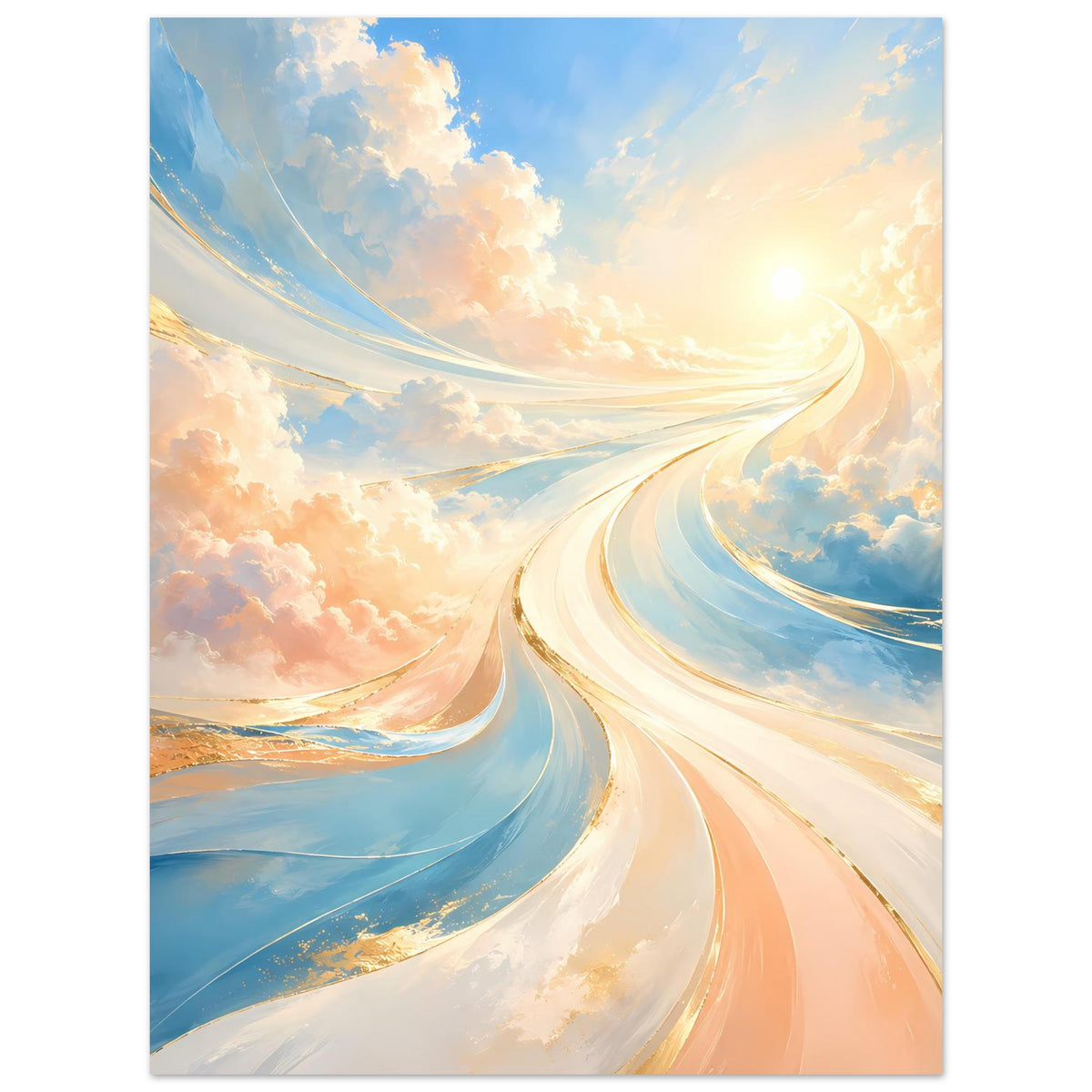 Fantasie-Poster im Hochformat mit hellem, gewundenem Lichtweg und Wolken in Pastell