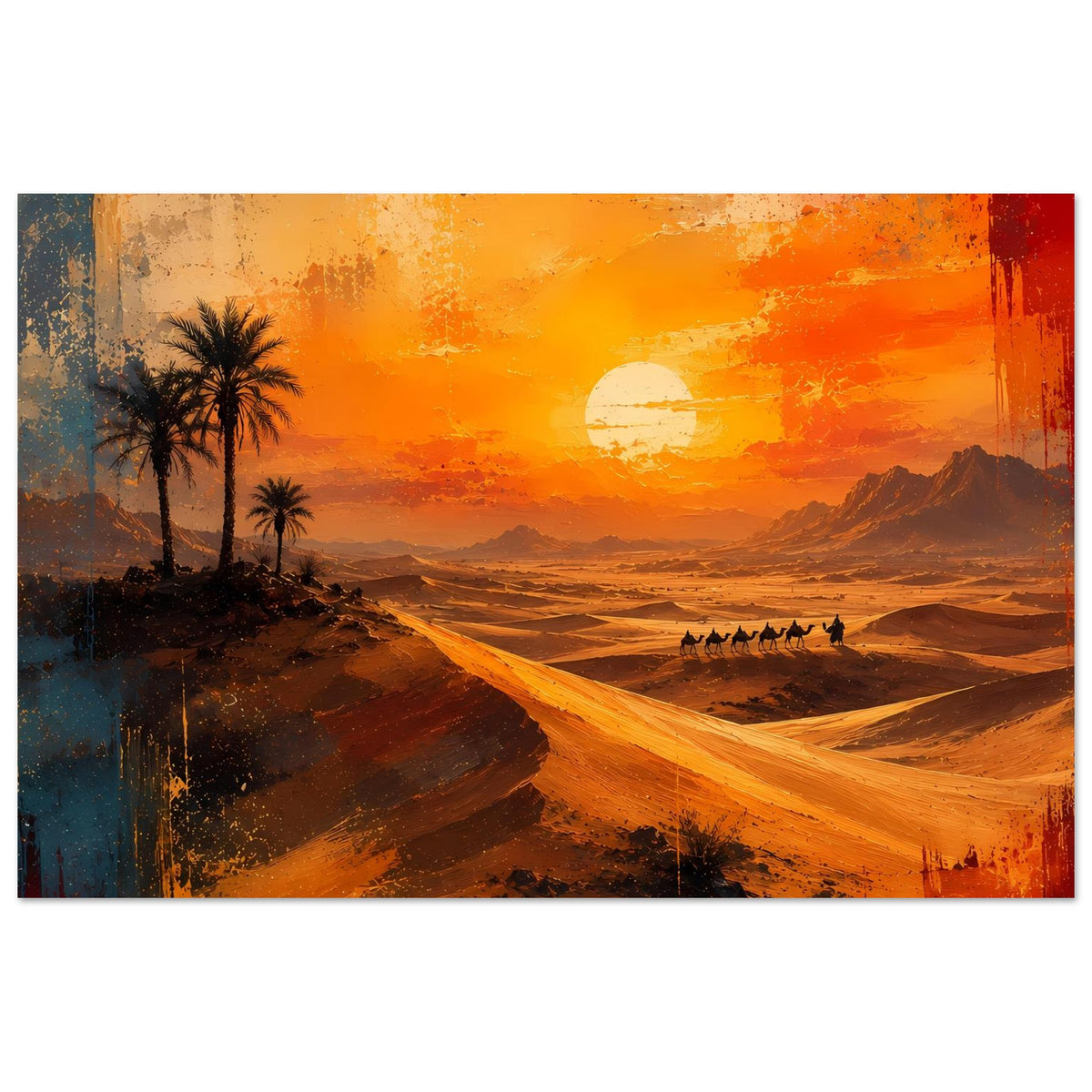 Wüstenposter mit Palmen, Karawane und Sonne über Dünenlandschaft im orangefarbenen Licht