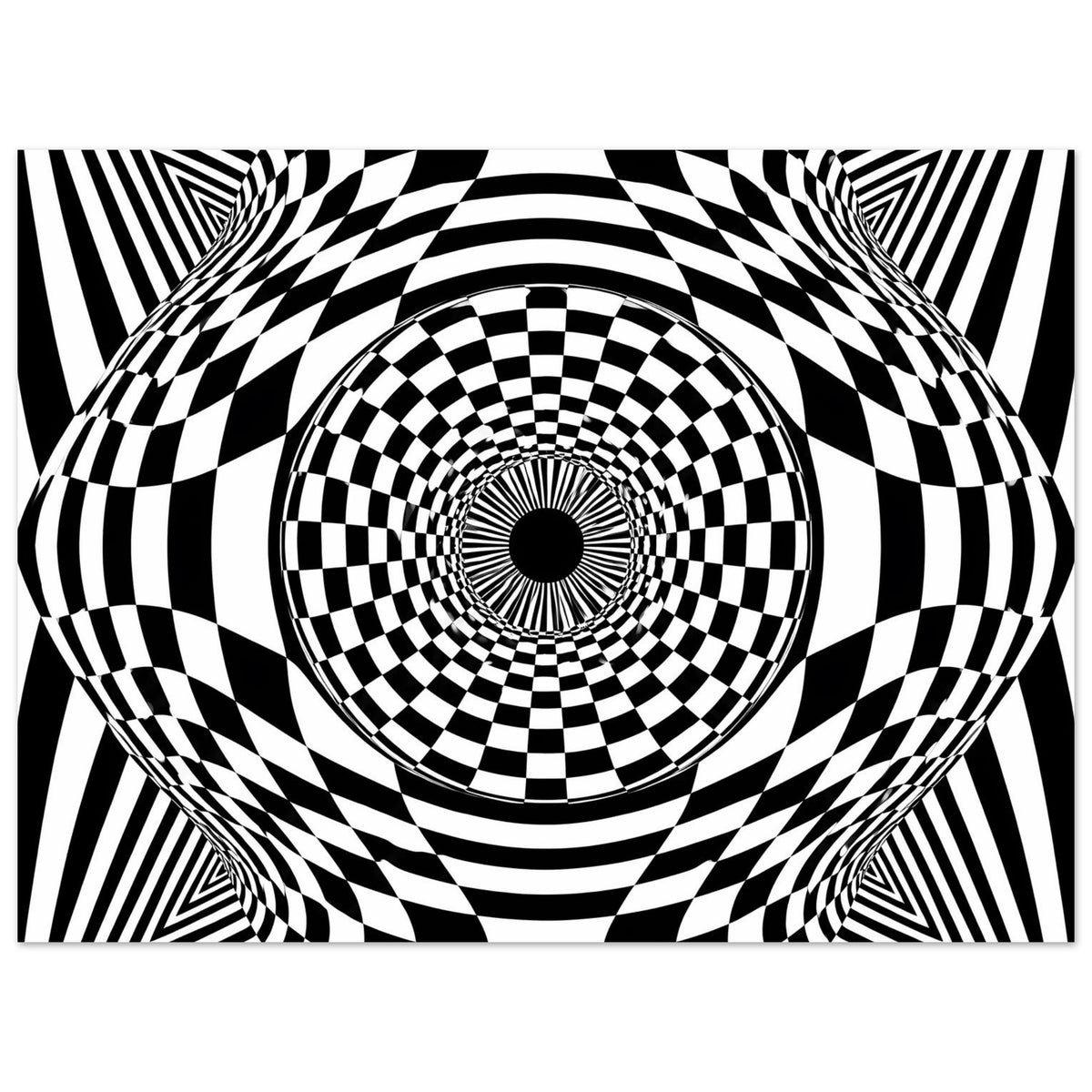Horizontales Poster mit Schachbrettspirale, konzentrischen Kreisen und starken Kontrasten