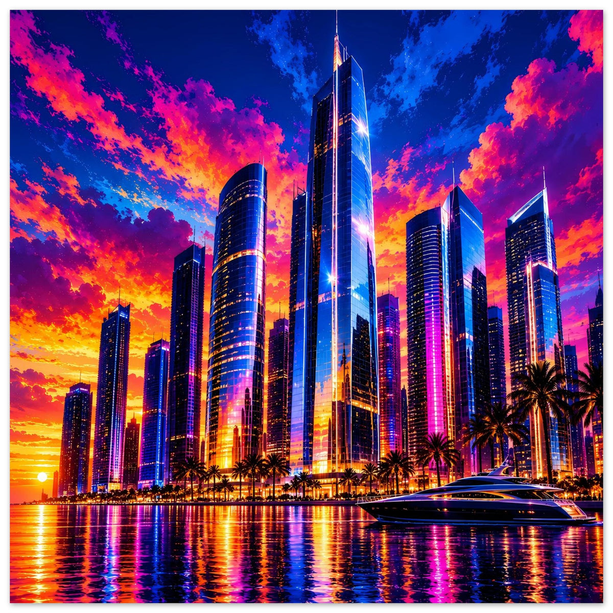 Stadtposter mit beleuchteter Skyline, Wolkenkratzern und Wasserreflexionen am Abend