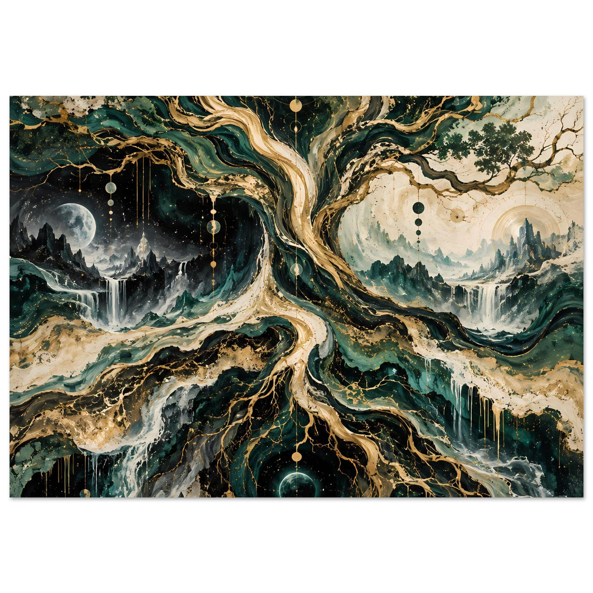 Wandposter im Querformat mit kosmischem Baum, Wurzeln, Mondlicht und Wasserfällen