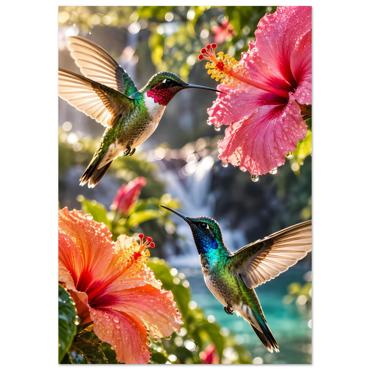 Poster mit Kolibris zwischen Hibiskusblüten, vertikal, oben dominantes Pink