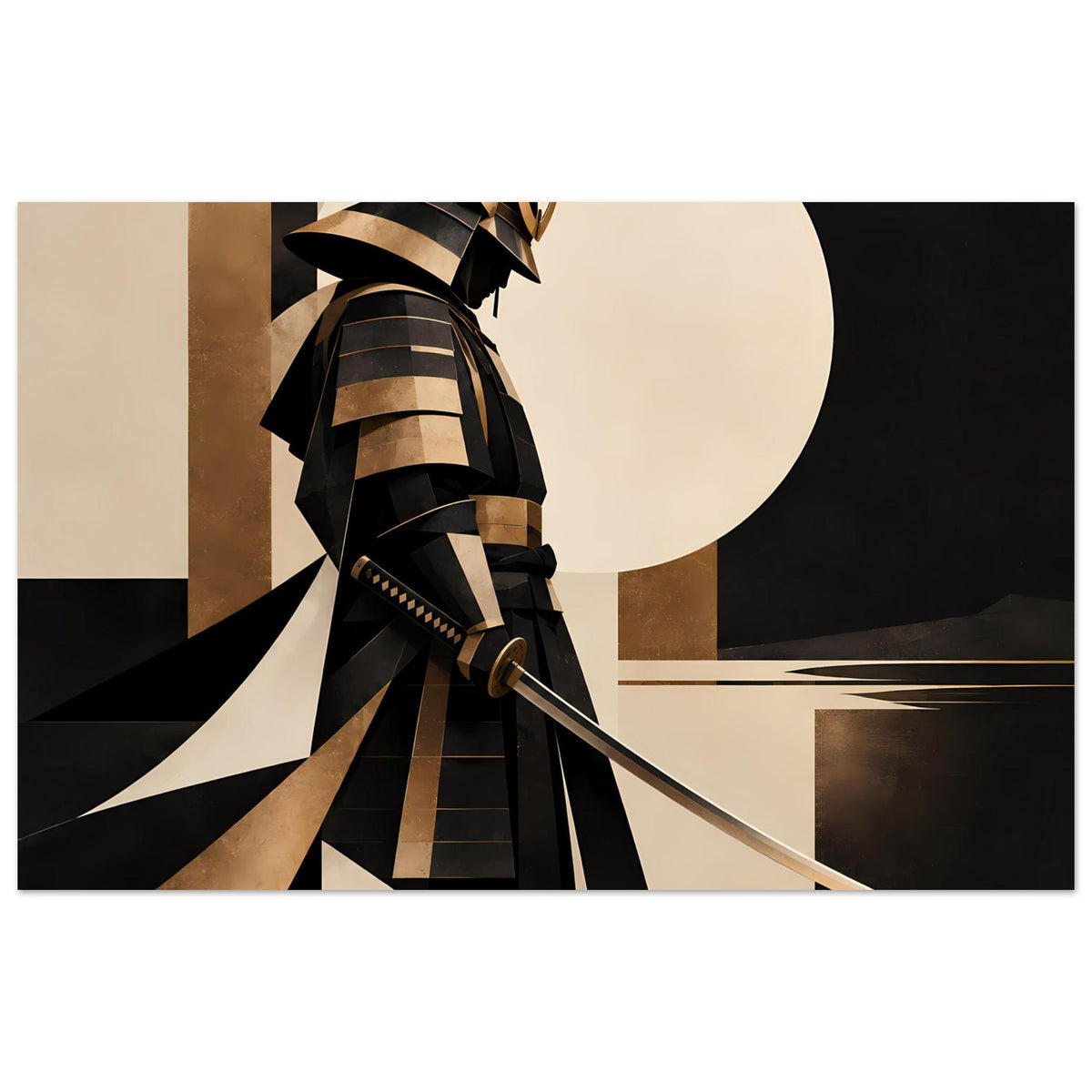 Horizontales Kunstposter mit Samurai-Silhouette in Schwarz und Gold, geometrische Flächen