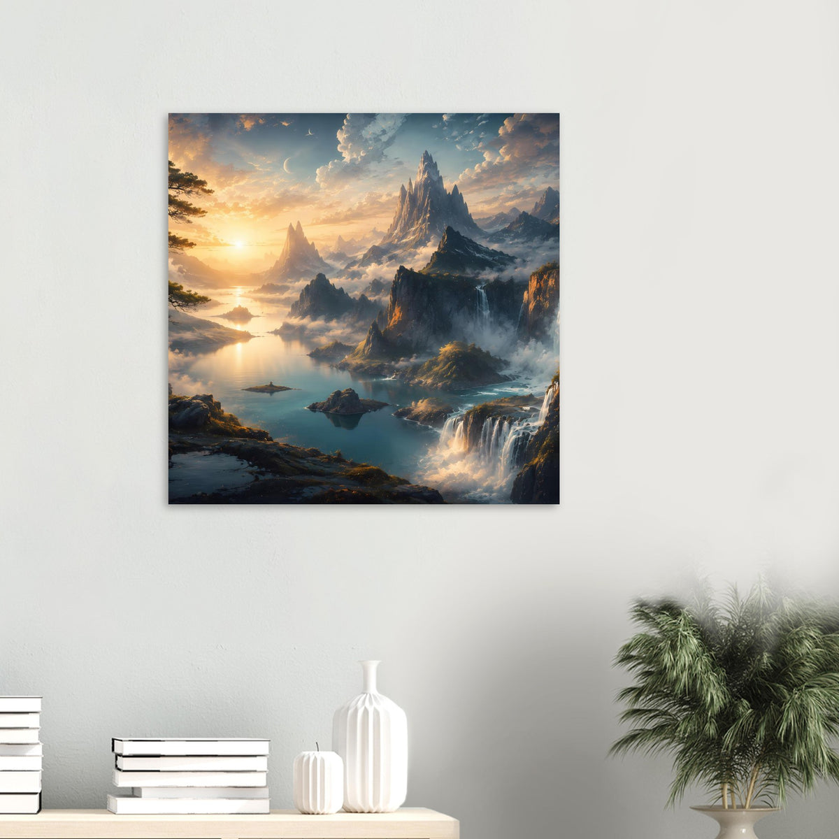 Quadratisches Poster mit Berglandschaft, Wasserfällen und Sonnenaufgang bei Dämmerlicht