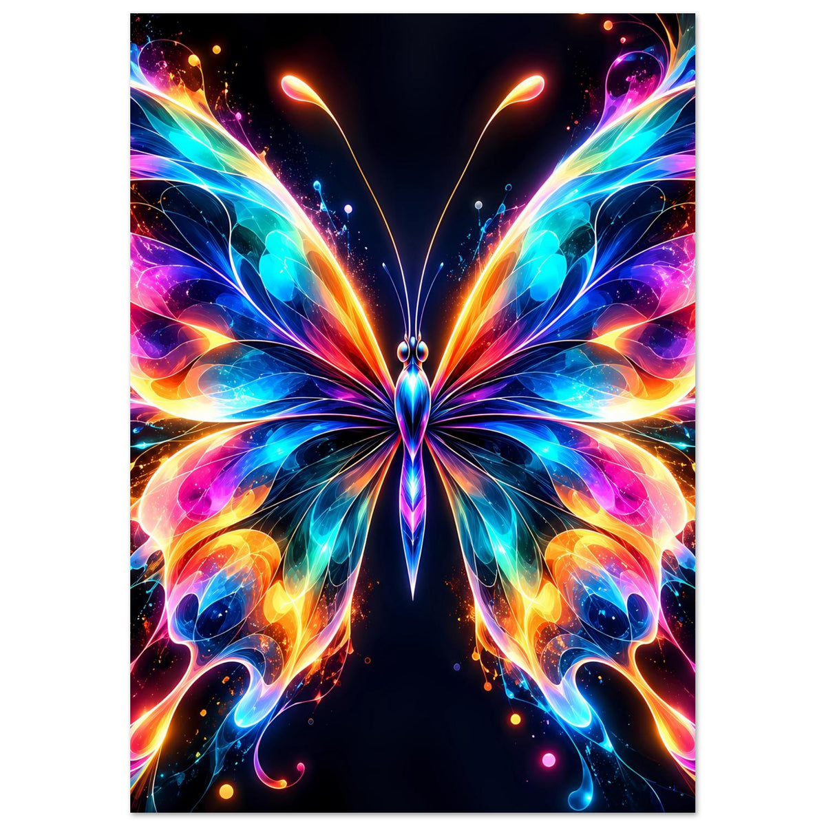 Neon-Schmetterlingsposter im Hochformat, symmetrischer Schmetterling mit Regenbogenflügeln