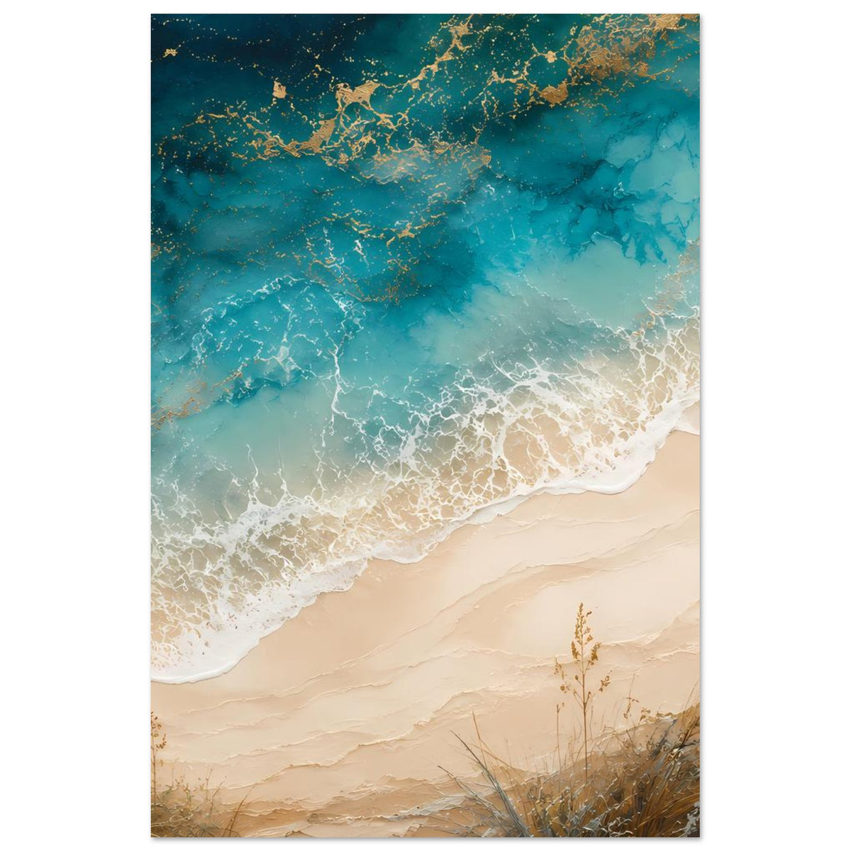 Küstenposter: türkisblaues Wasser mit goldenen Flecken, Sandstrand und Halme unten.