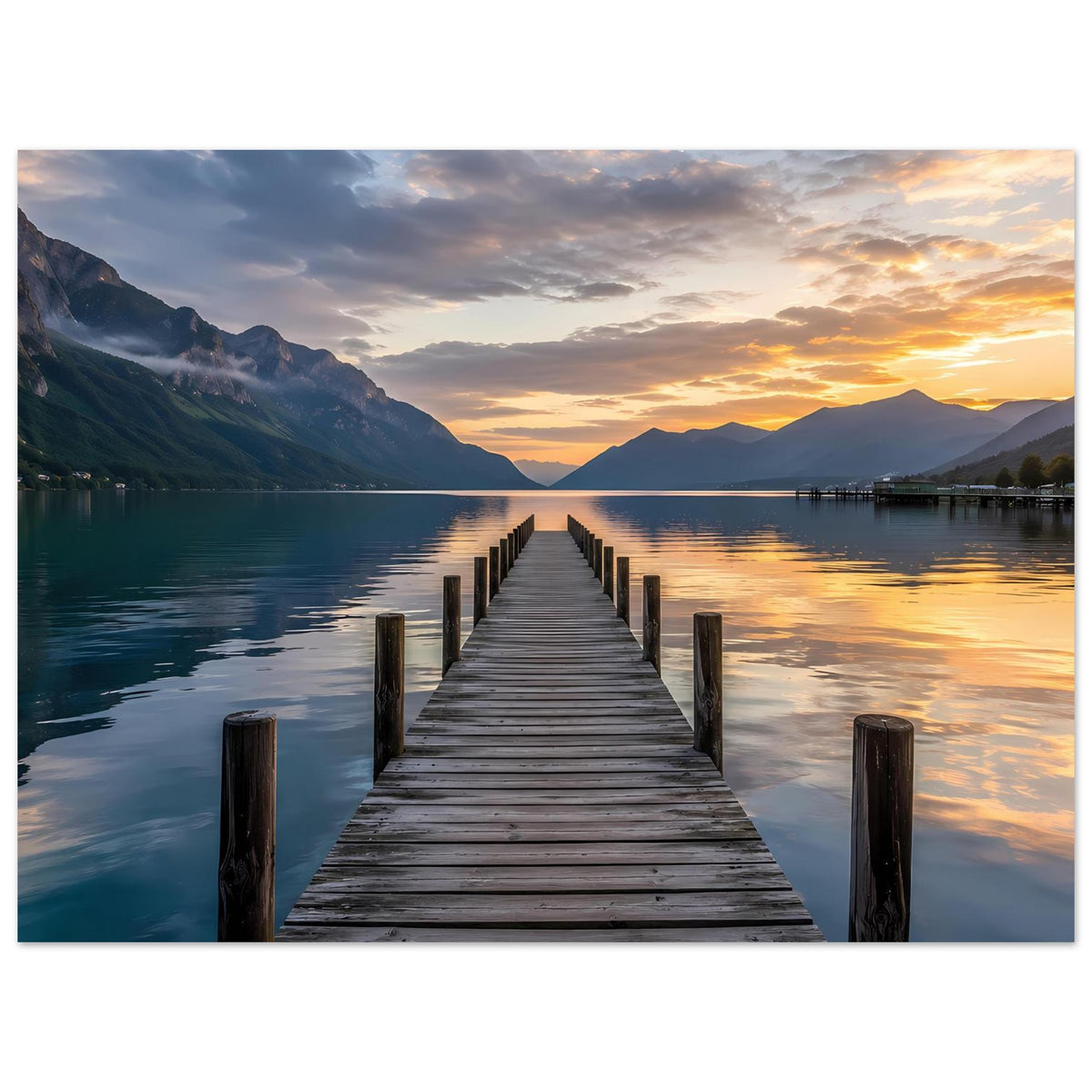 Horizontales Poster mit Steg am See und warmem Sonnenuntergang vor Gebirgslandschaft
