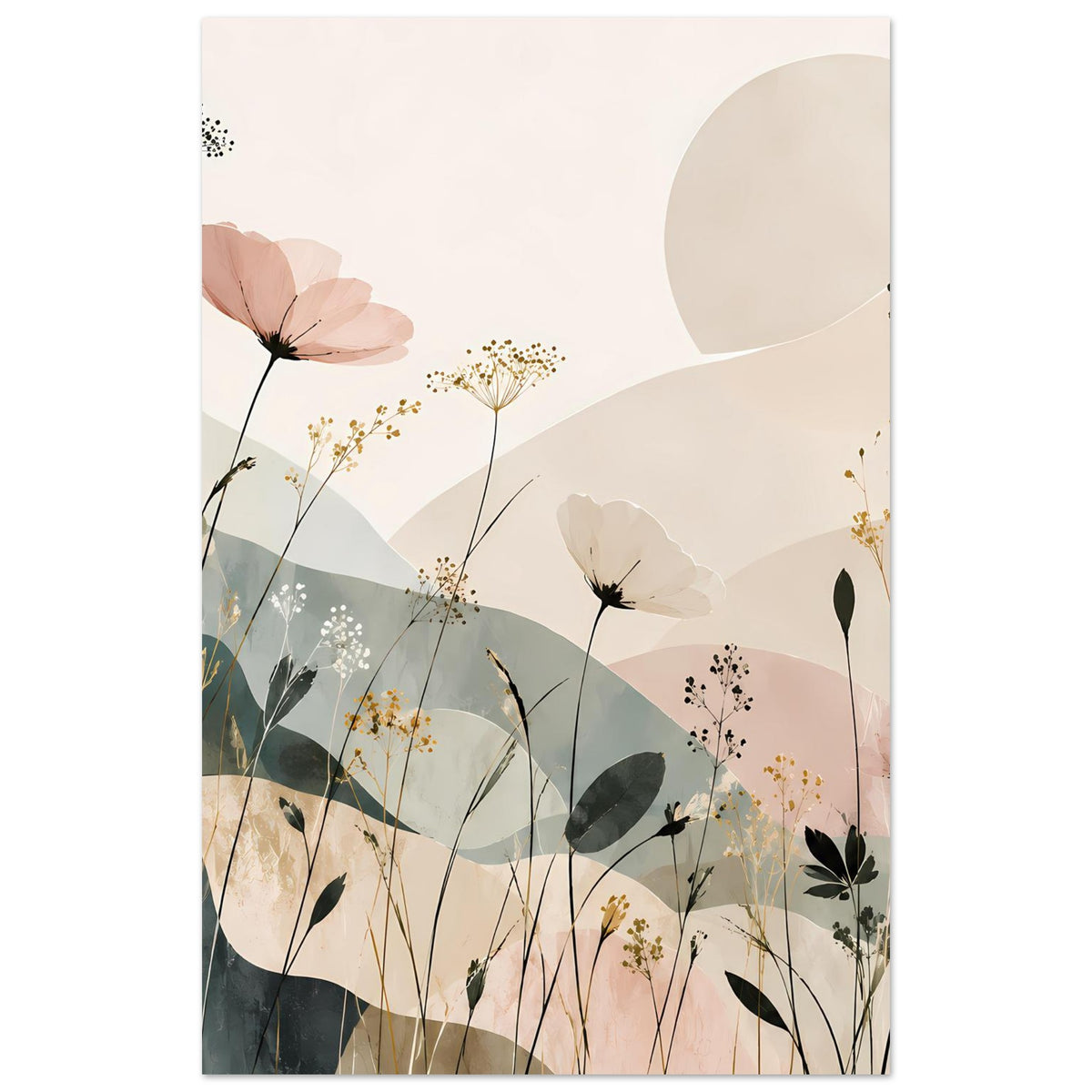 Vertikales Blumen-Abstract-Poster mit Blütenstielen, Staubwolken und Blättern in Pastellfarben