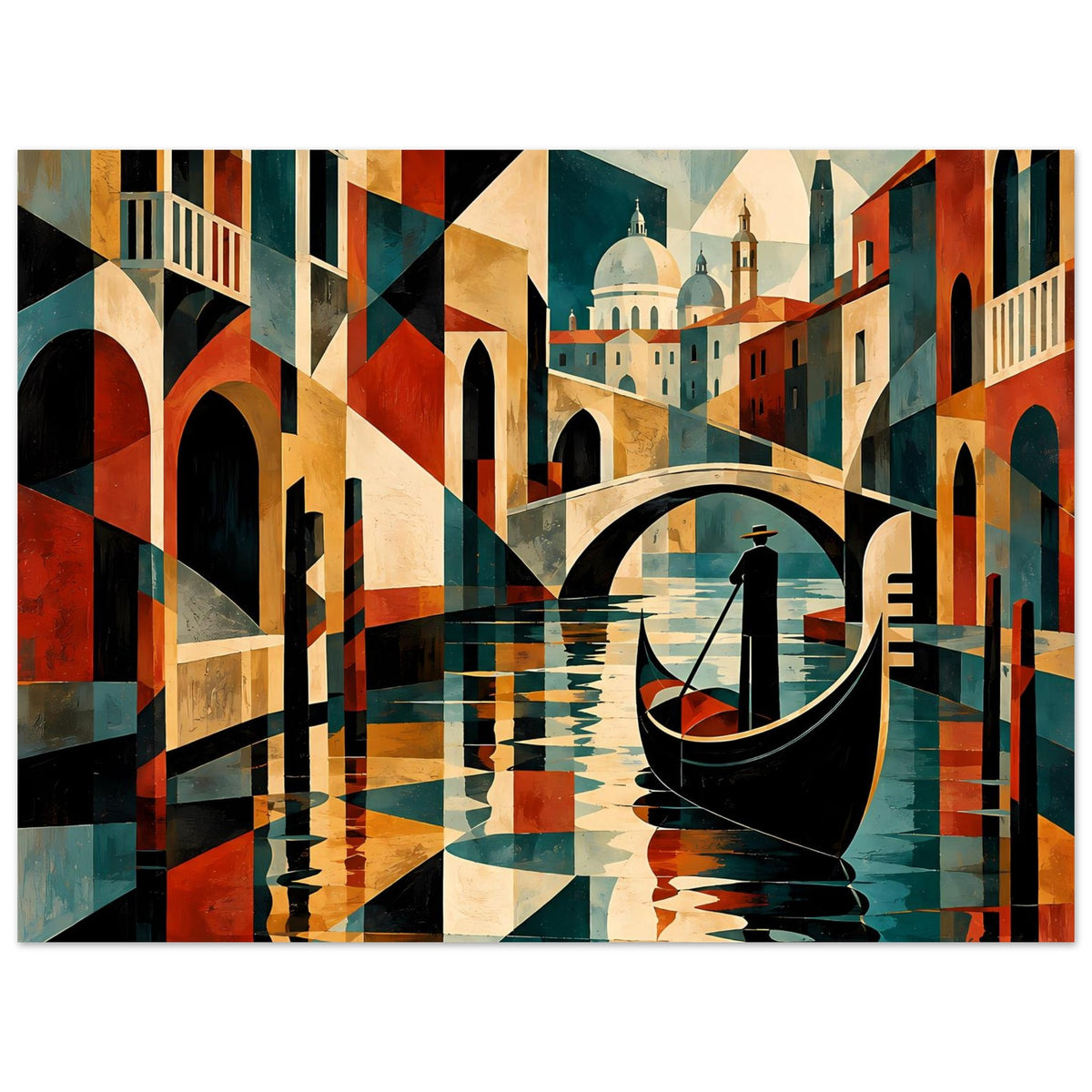 Abstraktes Poster im Querformat, Gondel auf dem Kanal, venezianische Architektur als Geometrie.