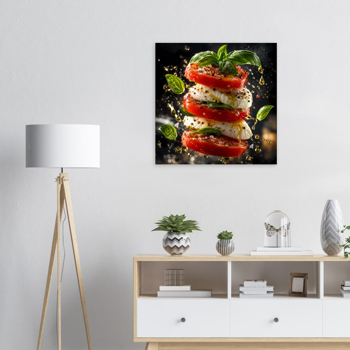 Horizontales Küchenposter mit gestapelten Tomaten, Mozzarella und Basilikum