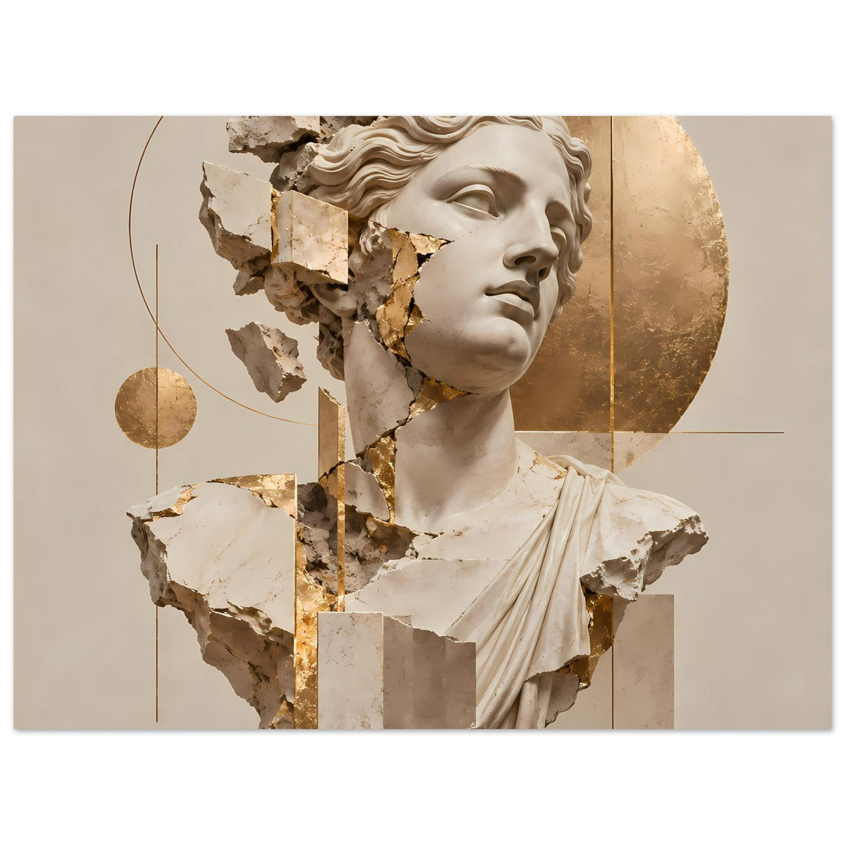 Kunstposter: Gesicht und Haare einer klassischen Statue, gebrochene Struktur mit Goldakzenten
