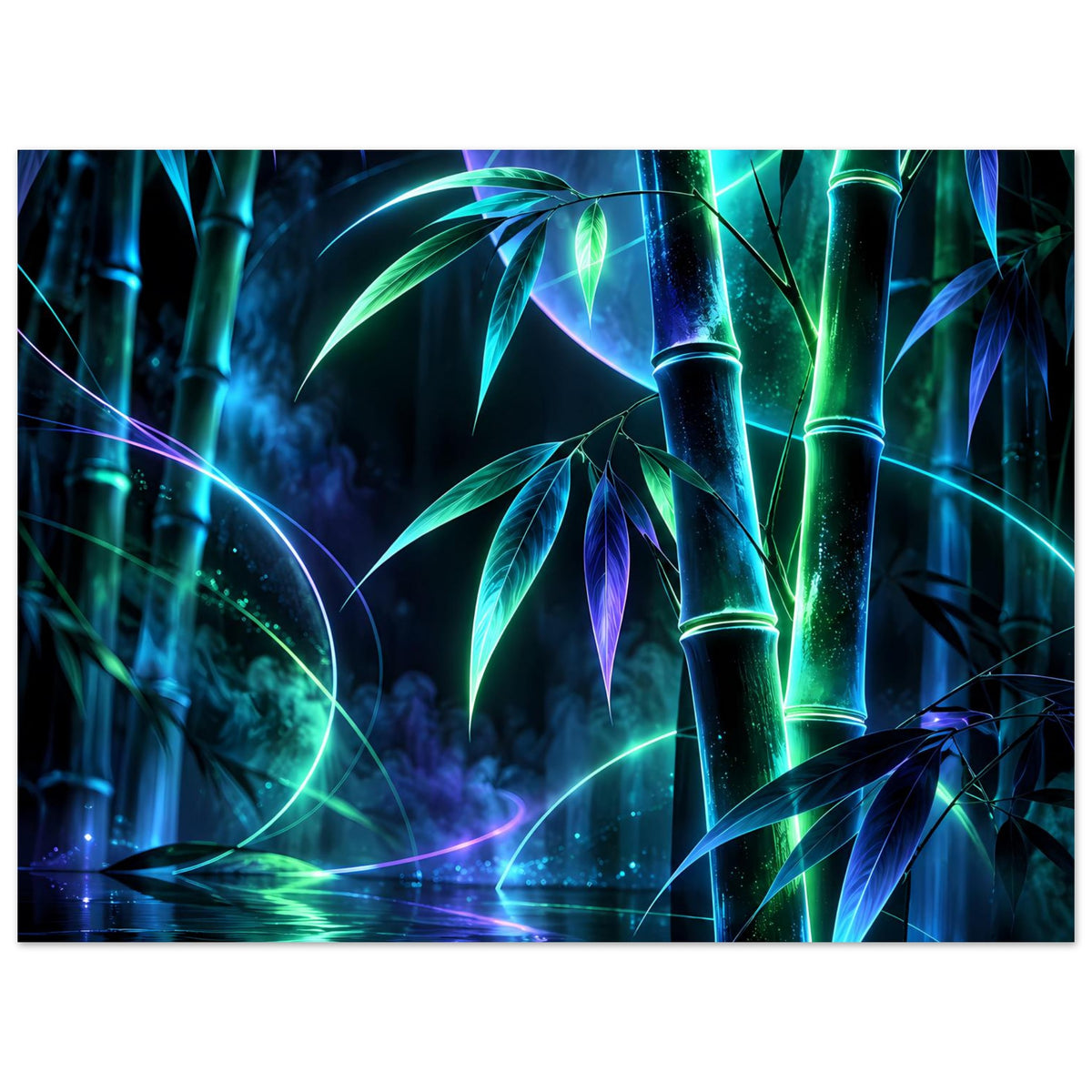 Leuchtendes Neon-Bambusposter, horizontal: grün-blaue Bambusrohre, Lichtkreise und Reflexe