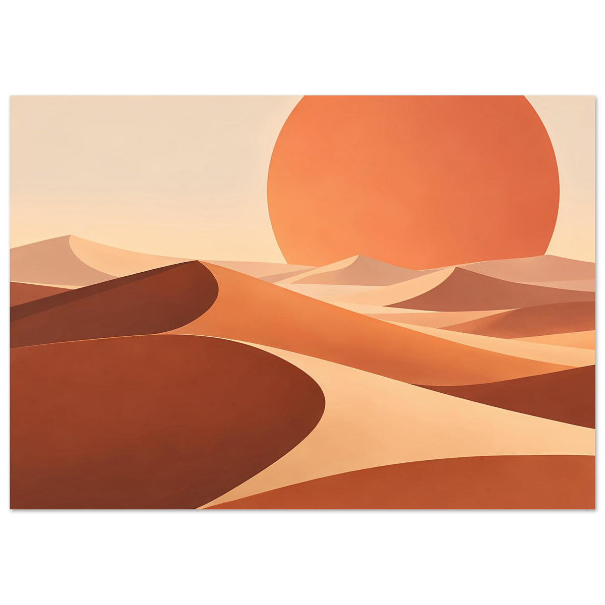 Abstraktes Wüstenposter im Querformat: orange Sonne und Dünen in Ocker, rostrot & dunkelbraun