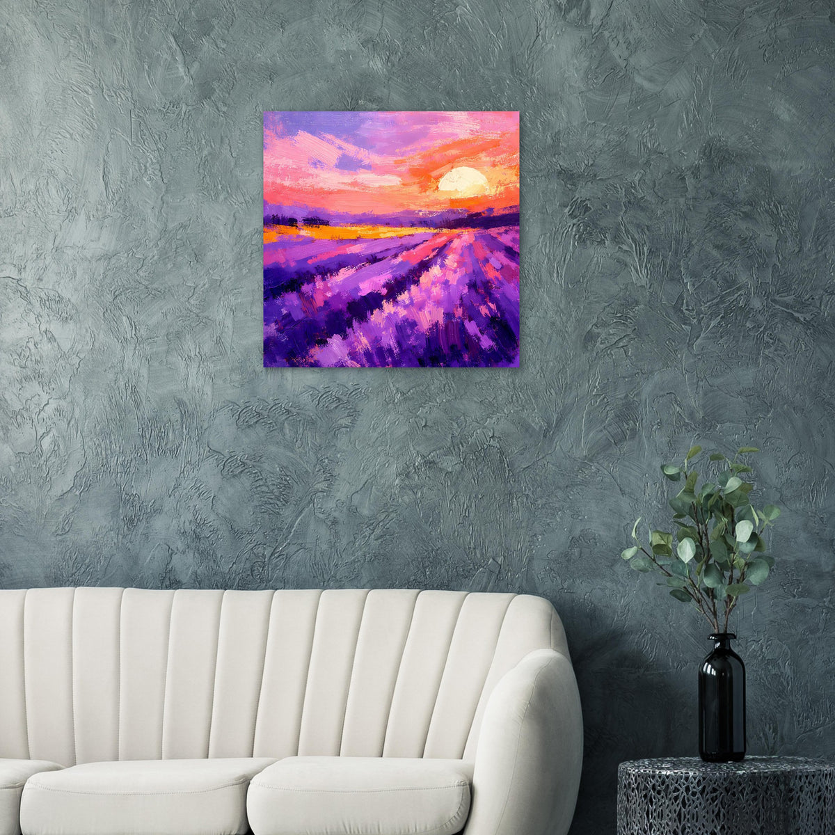 Poster im Rahmen mit Lavendelfeld bei Sonnenuntergang, abstrakter Farbverlauf