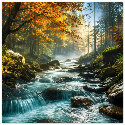 Quadratisches Poster mit Wasserfall im Wald, grünes Moos, orangefarbenes Herbstlaub