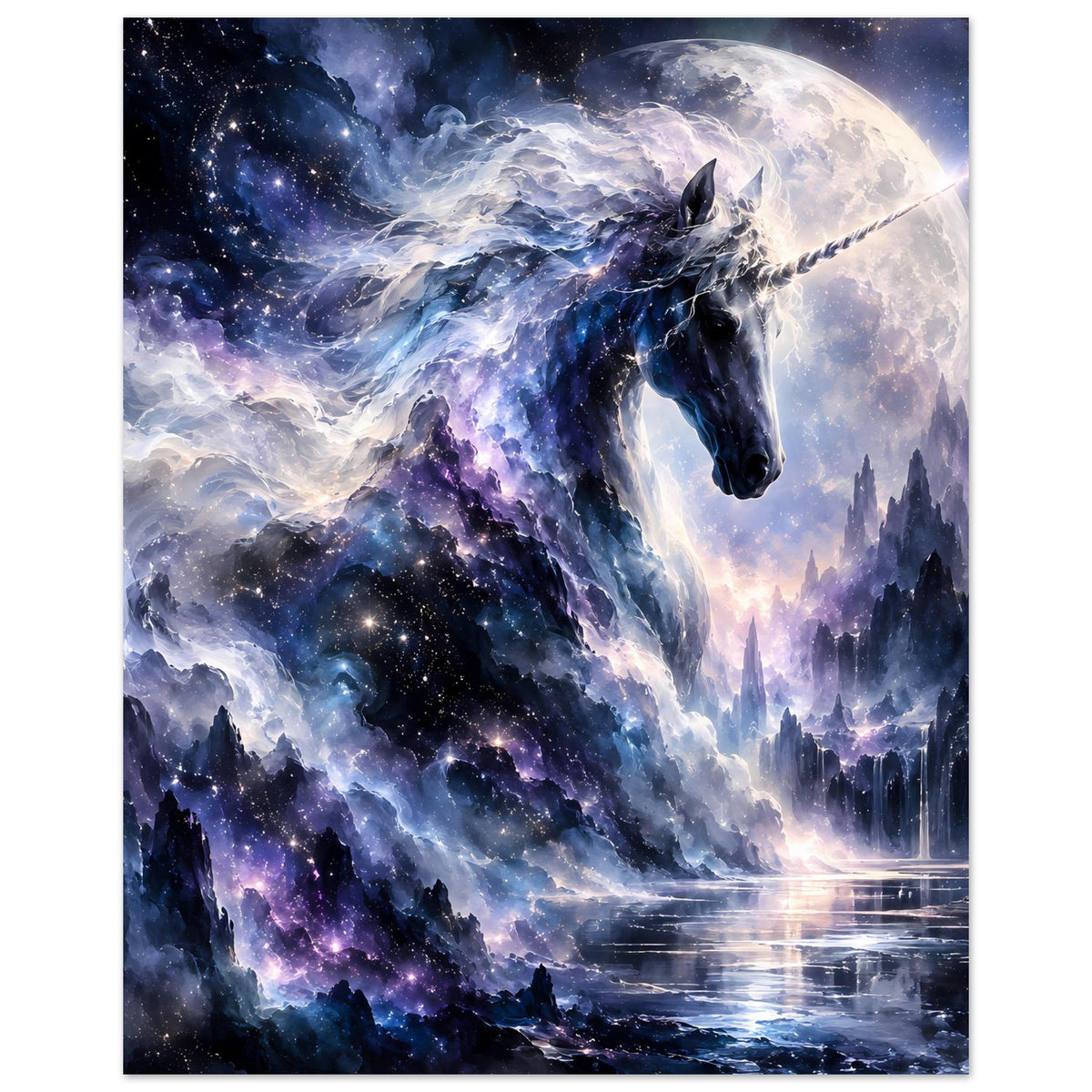 Galaktisches Einhorn-Poster, hochformat: Einhorn im Kosmos, Vollmond über Wasser und dunklen Türmen.