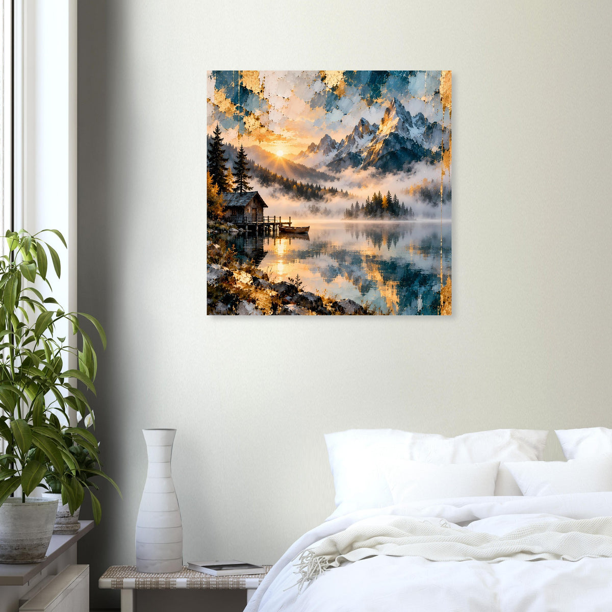 Wandposter mit Bergsee-Landschaft, Sonnenaufgangslicht, Spiegelung im Wasser