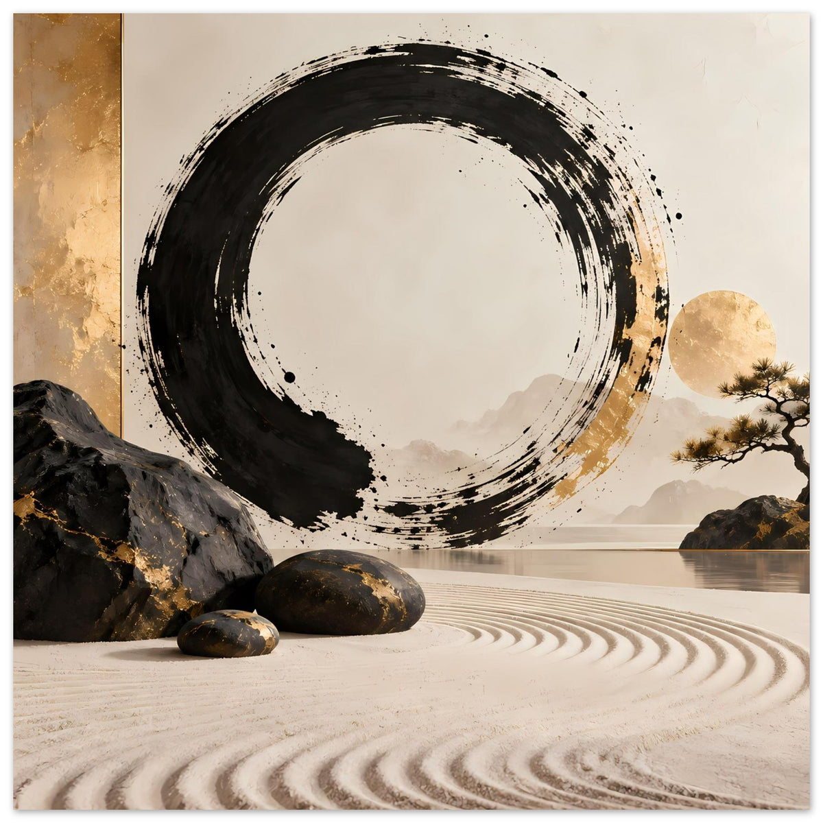 Minimalistische Tuschekunst mit schwarzem Enso-Kreis und goldener Mitte