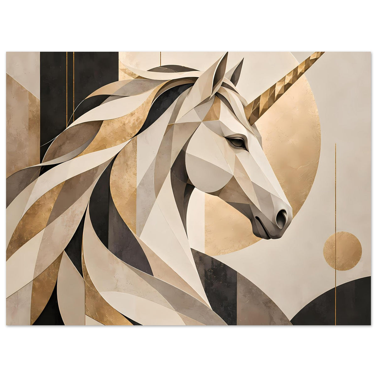 Einhornporträt-Poster im Breitformat, Kopf und Mähne im geometrischen Look in Beige und Schwarz