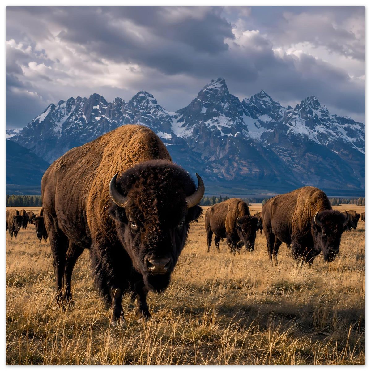 Poster mit Bisonherde: brauner Vorderbison, mehrere Bisons entlang des Graslands