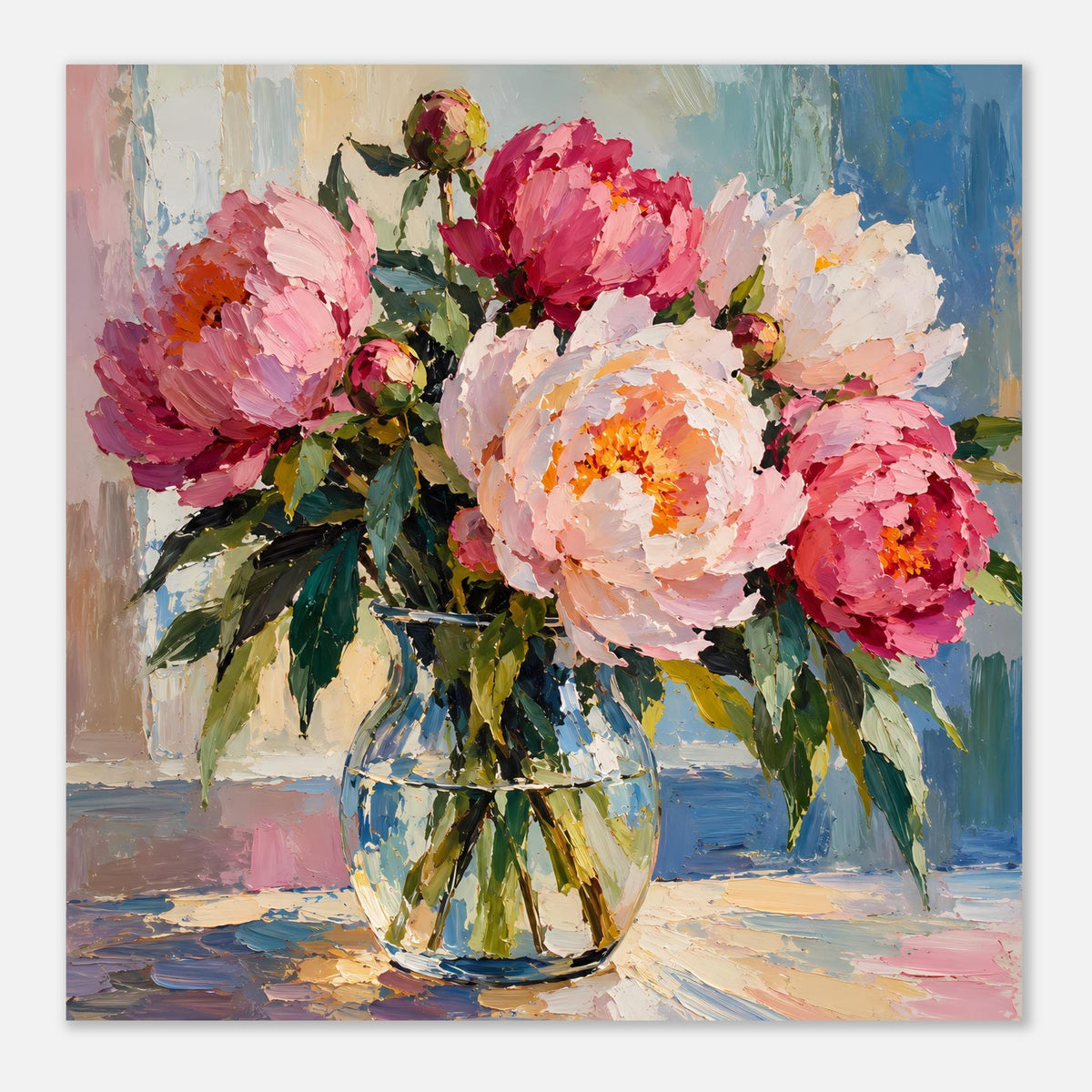 Blumenposter mit Pfingstrosen in Vase, Ölmalerei-Stil, naher Bildausschnitt