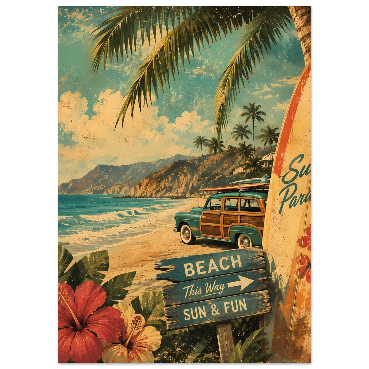 Vintage-Poster mit Surfbord rechts, Strand, Palmen und Van; Blumen links im Vordergrund