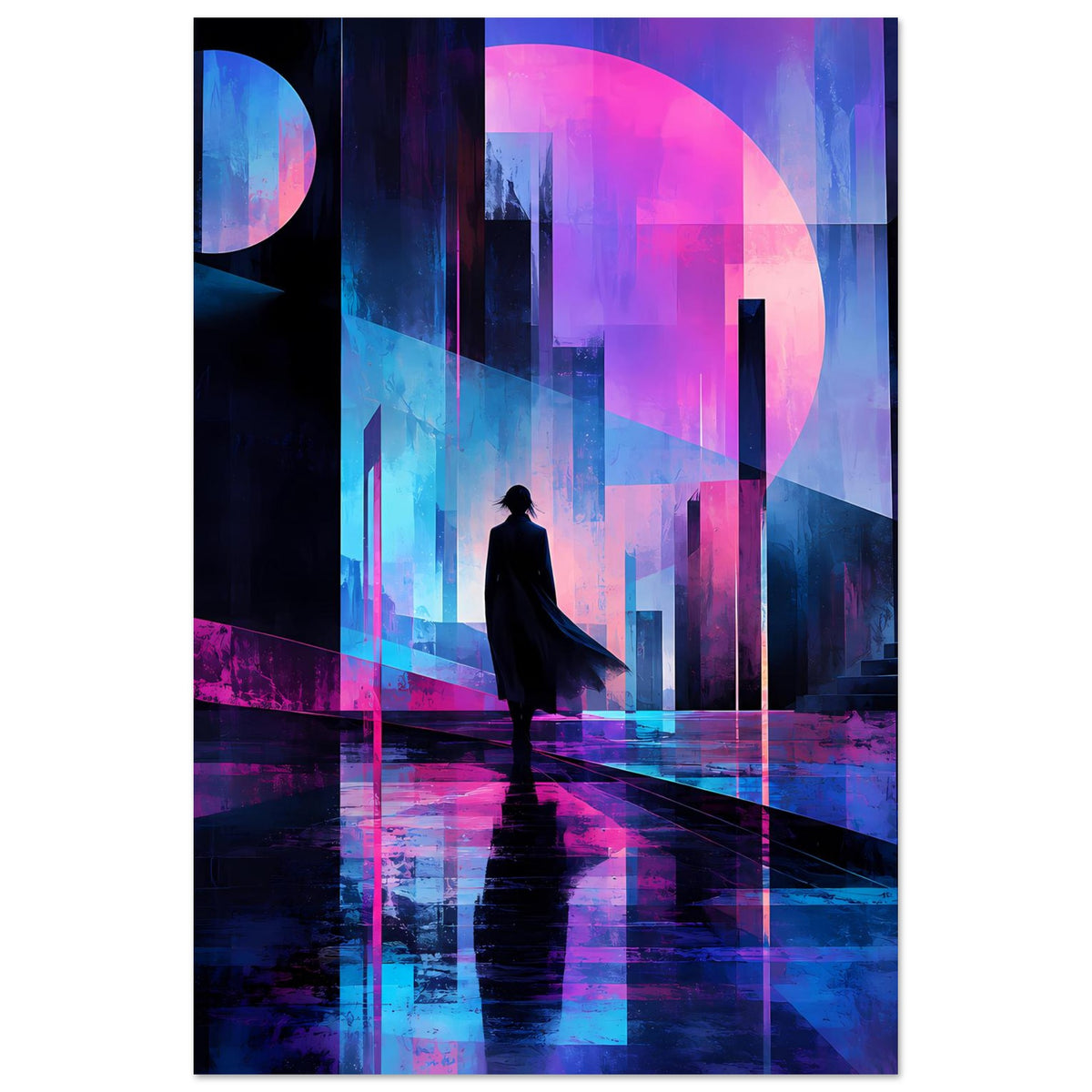 Neon-Nachtlandschaft-Poster mit Personensilhouette, blaue und magenta Neonoptik in futuristischem City-Look.