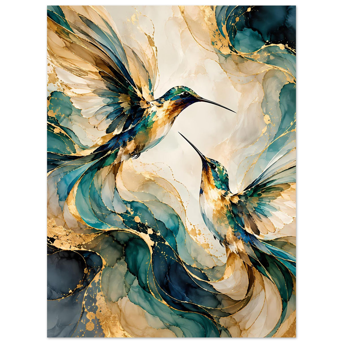 Vogelposter mit Kolibri-Paar in Blau und Gold, betonte Flügel und Federlinien