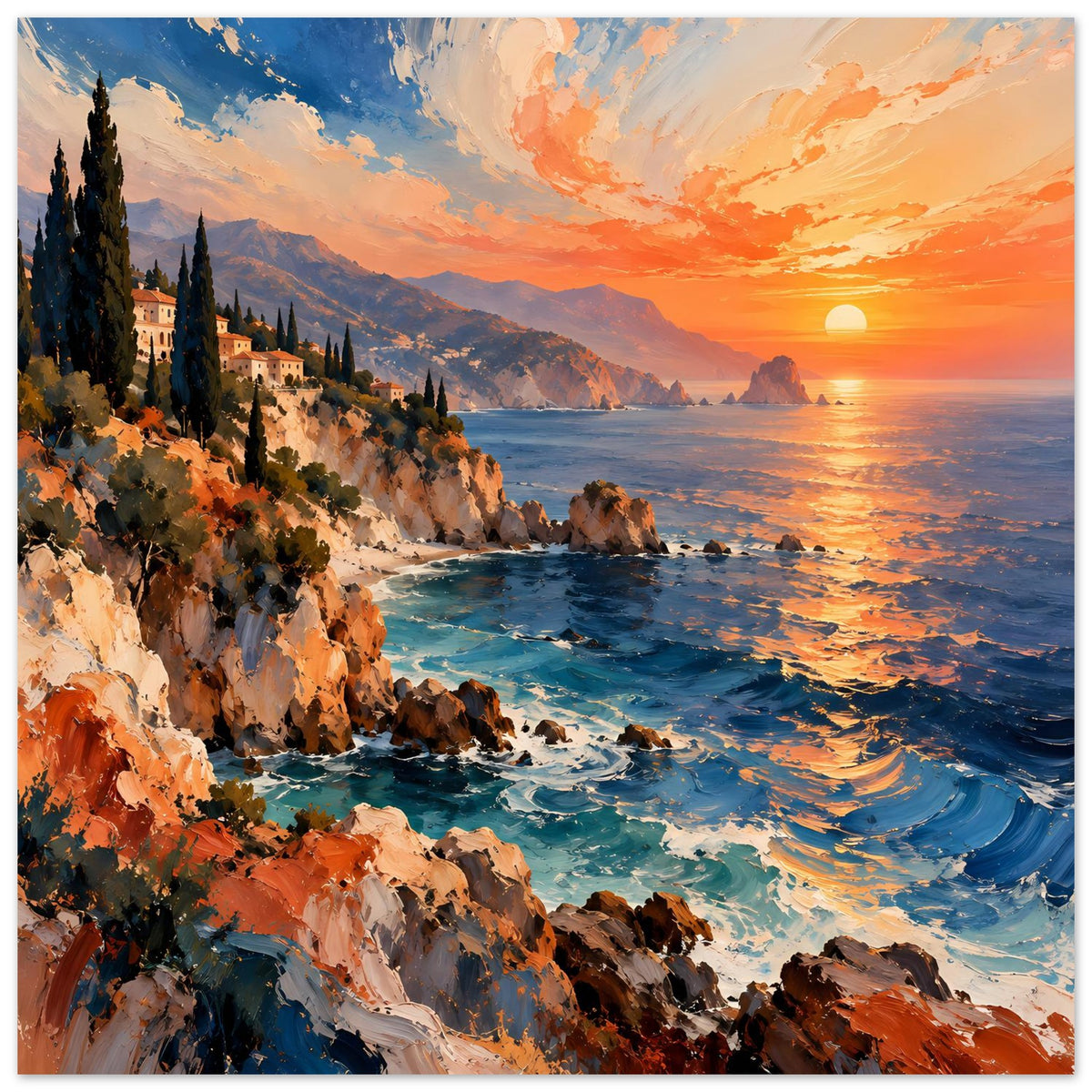 Poster: Panorama-Steilküste mit Meerblick, orangefarbenem Sonnenuntergang und Sonne