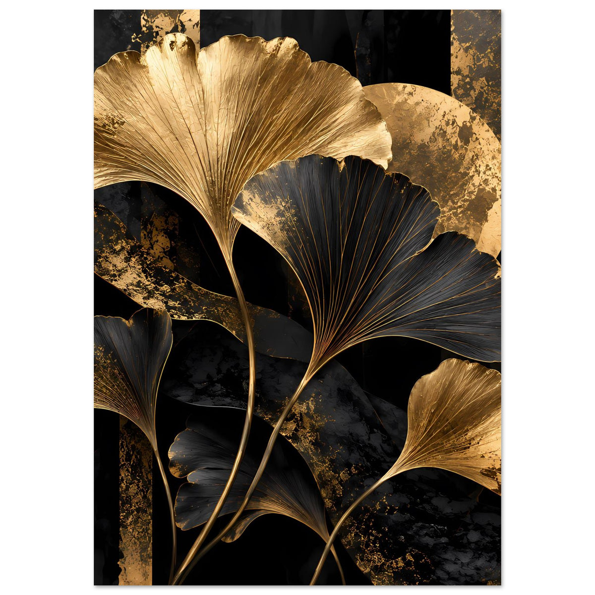 Botanisches Poster im Hochformat, oben angeschnittene goldene Ginkgo-Blätter