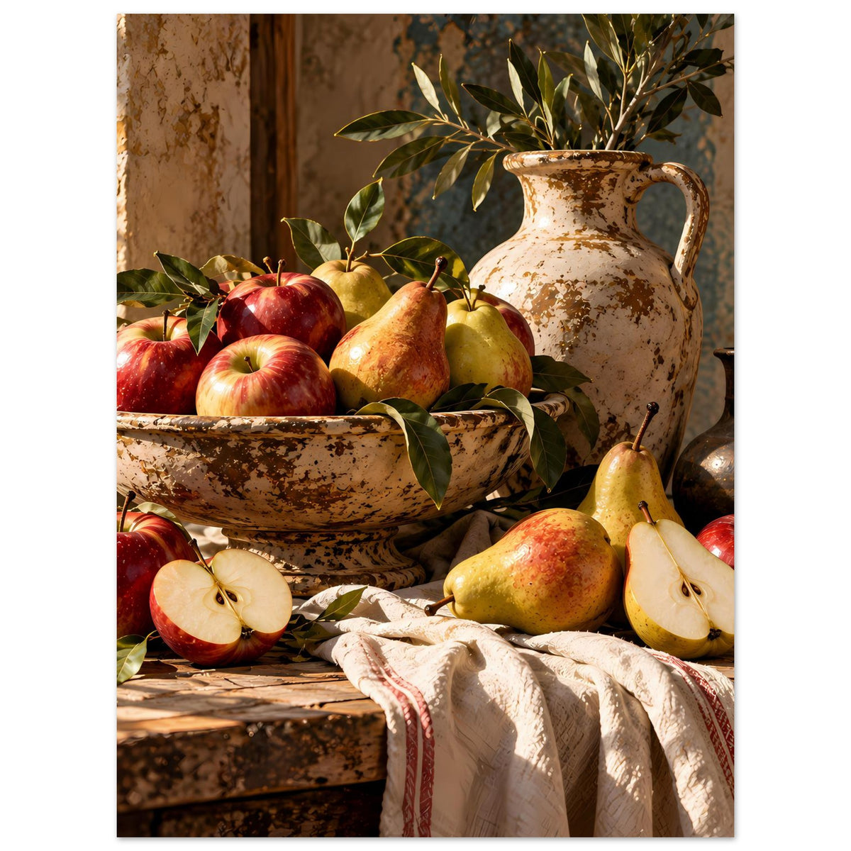 Herbstliches Poster mit Obstschale voller Äpfel, Birnen und Stofftuch