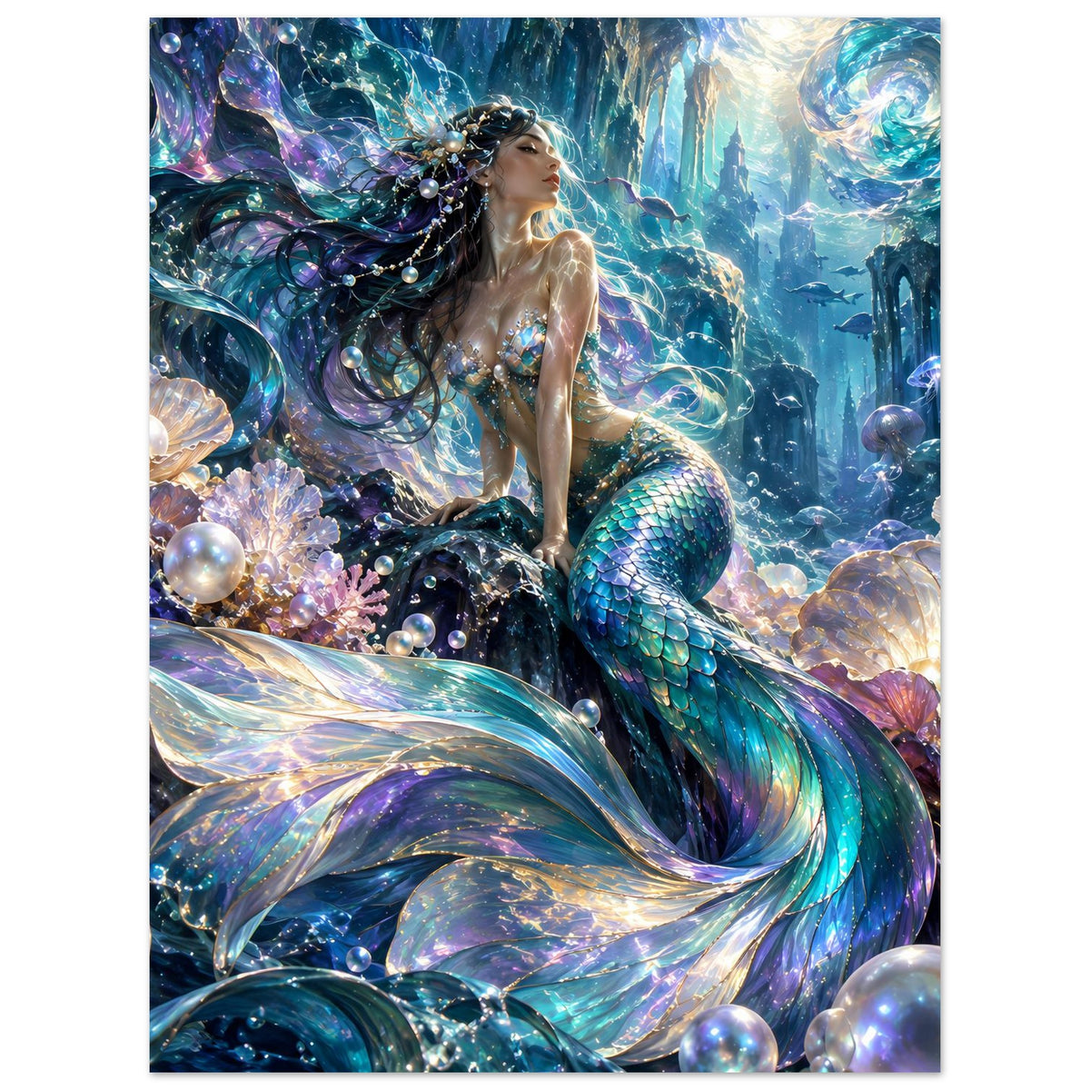 Fantasy-Poster mit Meerjungfrau, türkis-grünem Schwanz, Perlenblasen, Korallen und Unterwasserlicht