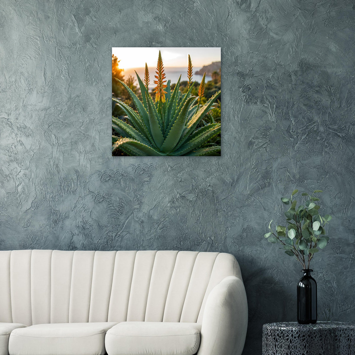 Poster im Quadratformat mit Aloe-Dickblatt und Sonnenuntergangsfarben