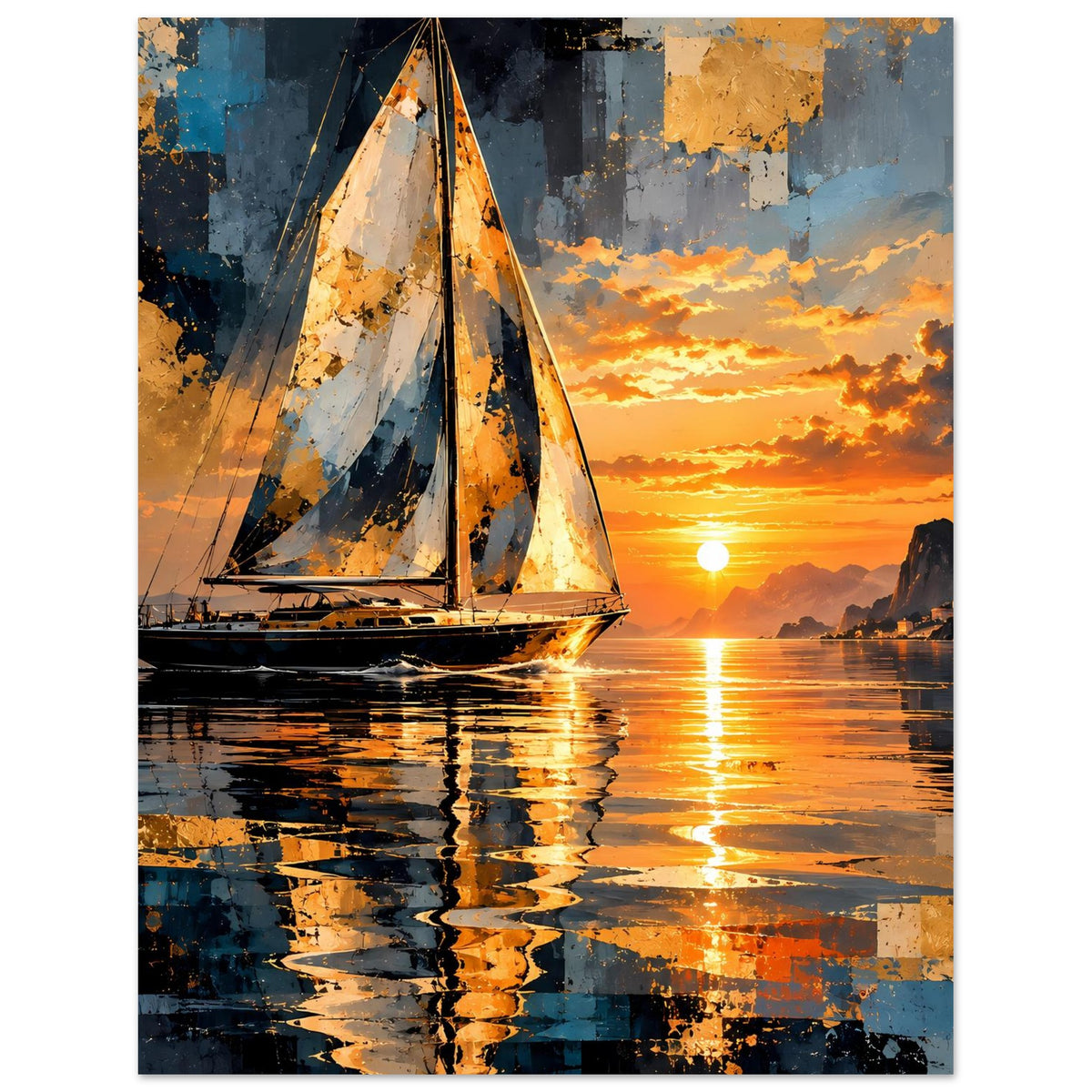 Poster im Hochformat mit Segelboot am Sonnenuntergang, abstrakte Texturflächen