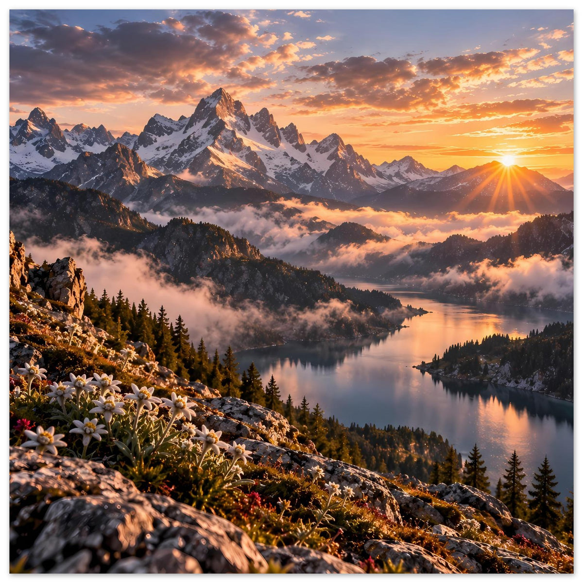 Alpenposter: Sonnenaufgang über Berggipfeln, ruhiger Bergsee und Blumen am Felsabhang