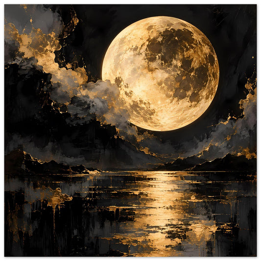 Wandposter mit goldener Vollmondszene, Wolkenfelsen und spiegelndem Fluss